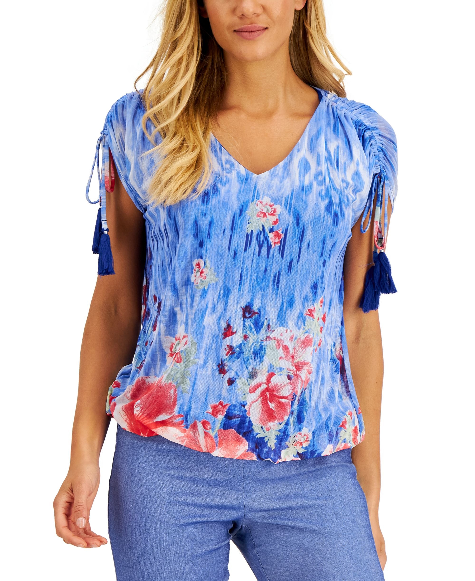 JM Collection Womens Floral-Print Mesh Top