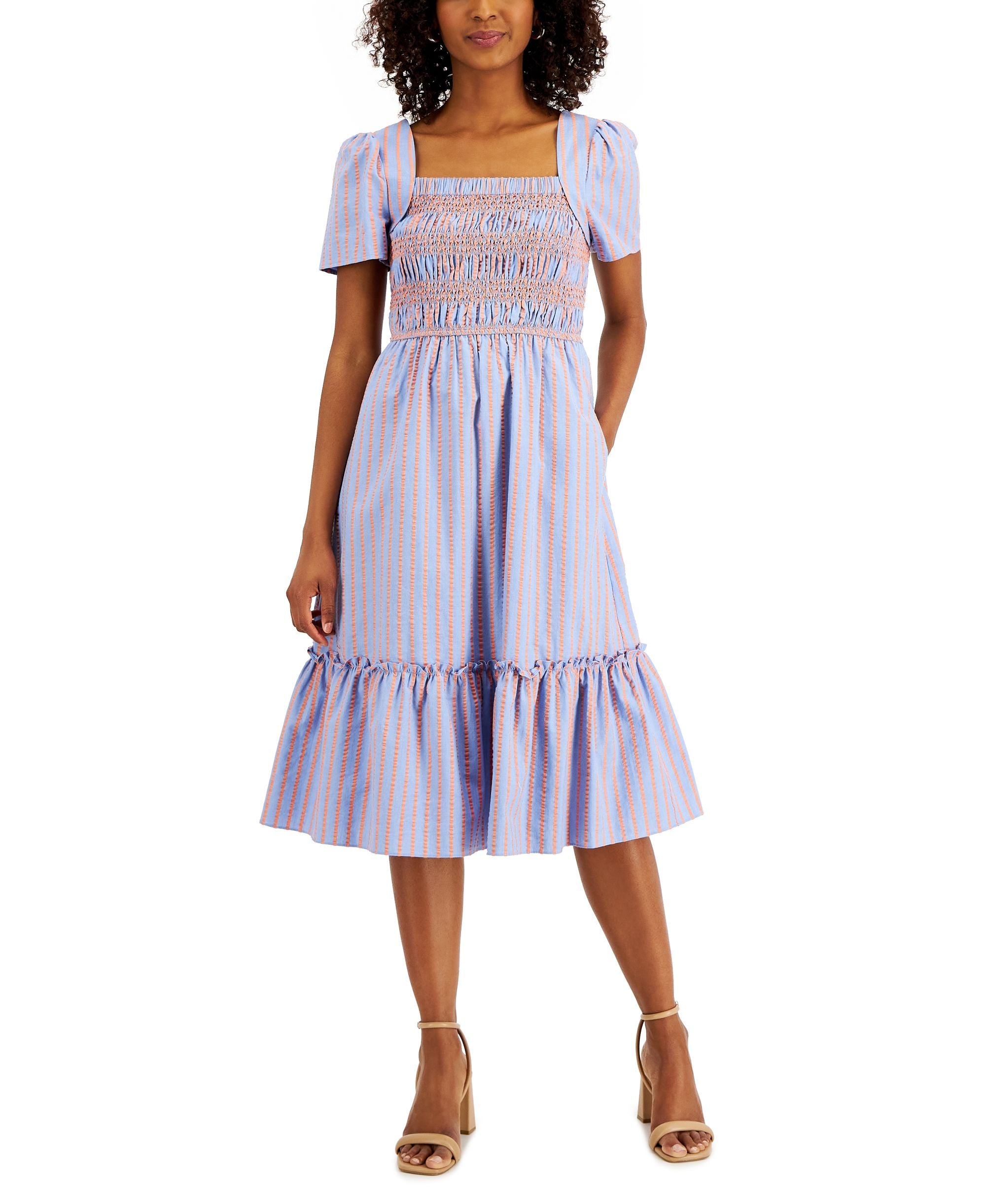 Tahari Asl Cotton Smocked Seersucker Midi Dress