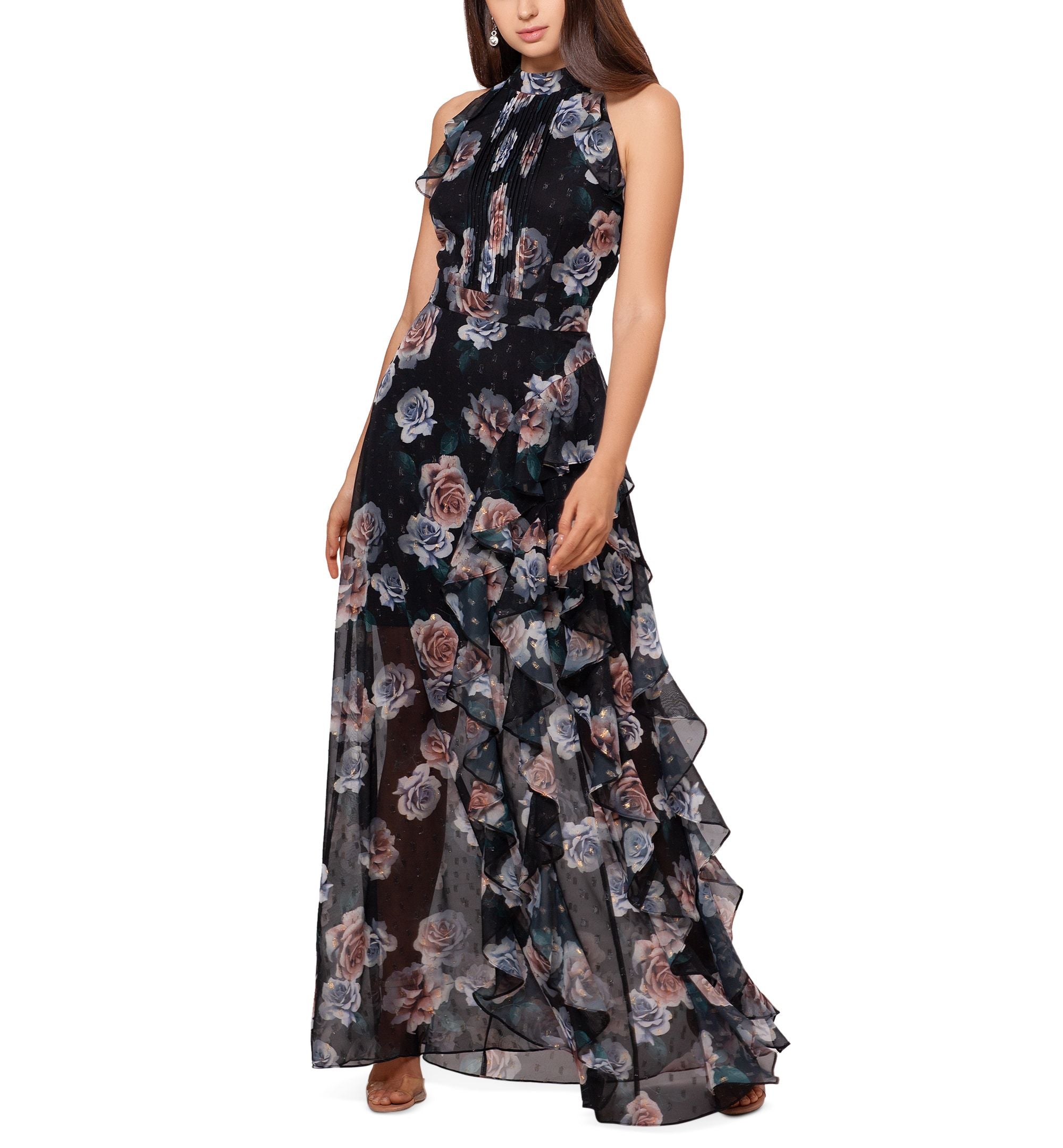 Betsy & Adam Petite Floral-Print Chiffon Ruffle Gown