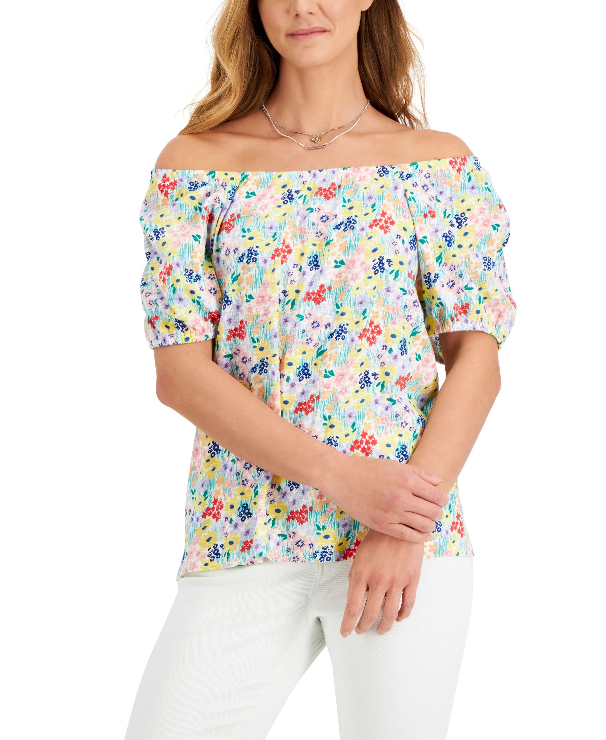 Style & Co Womens Printed Knit Peasant Top