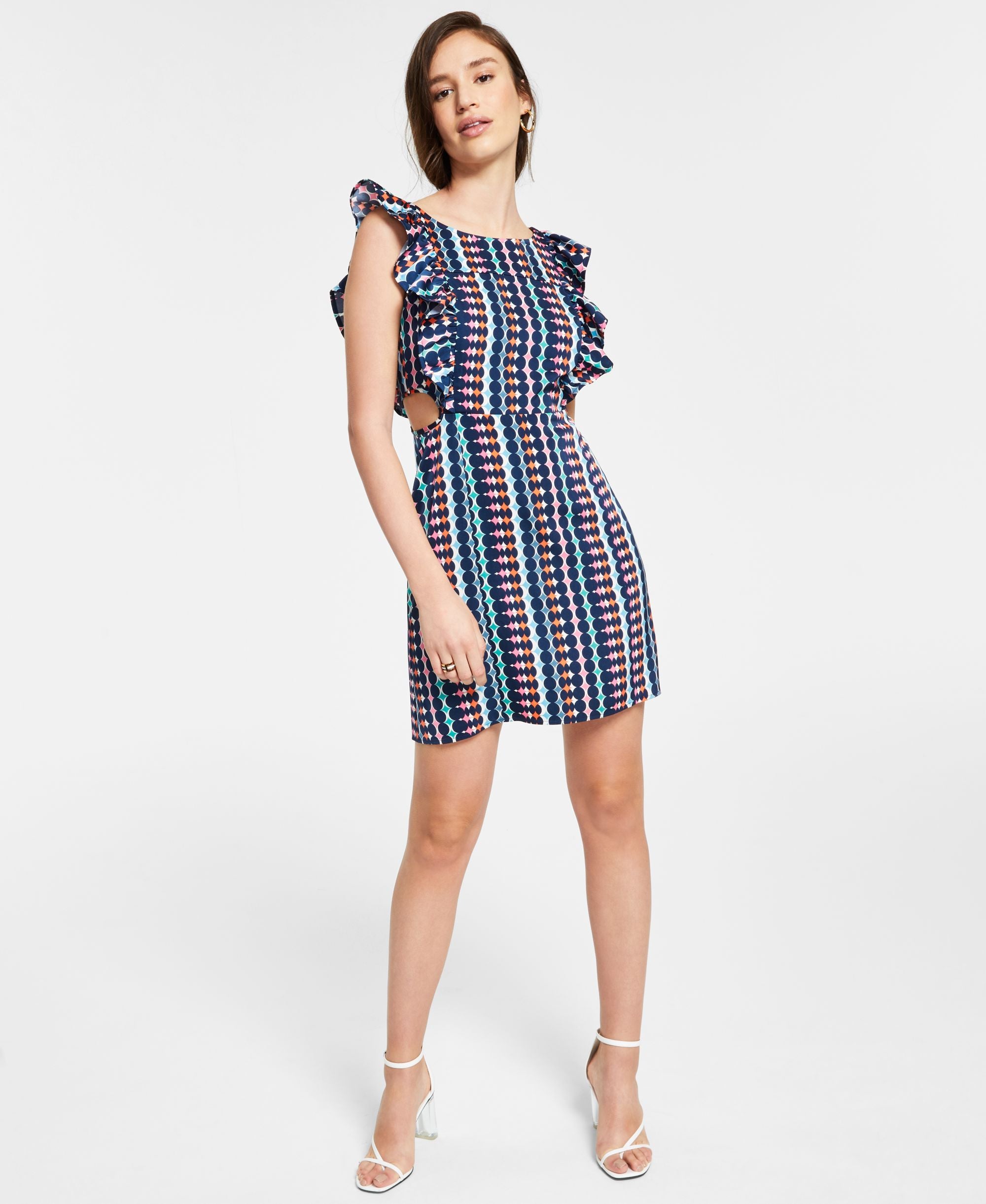 Printed Ruffle-Trimmed Cutout Dress