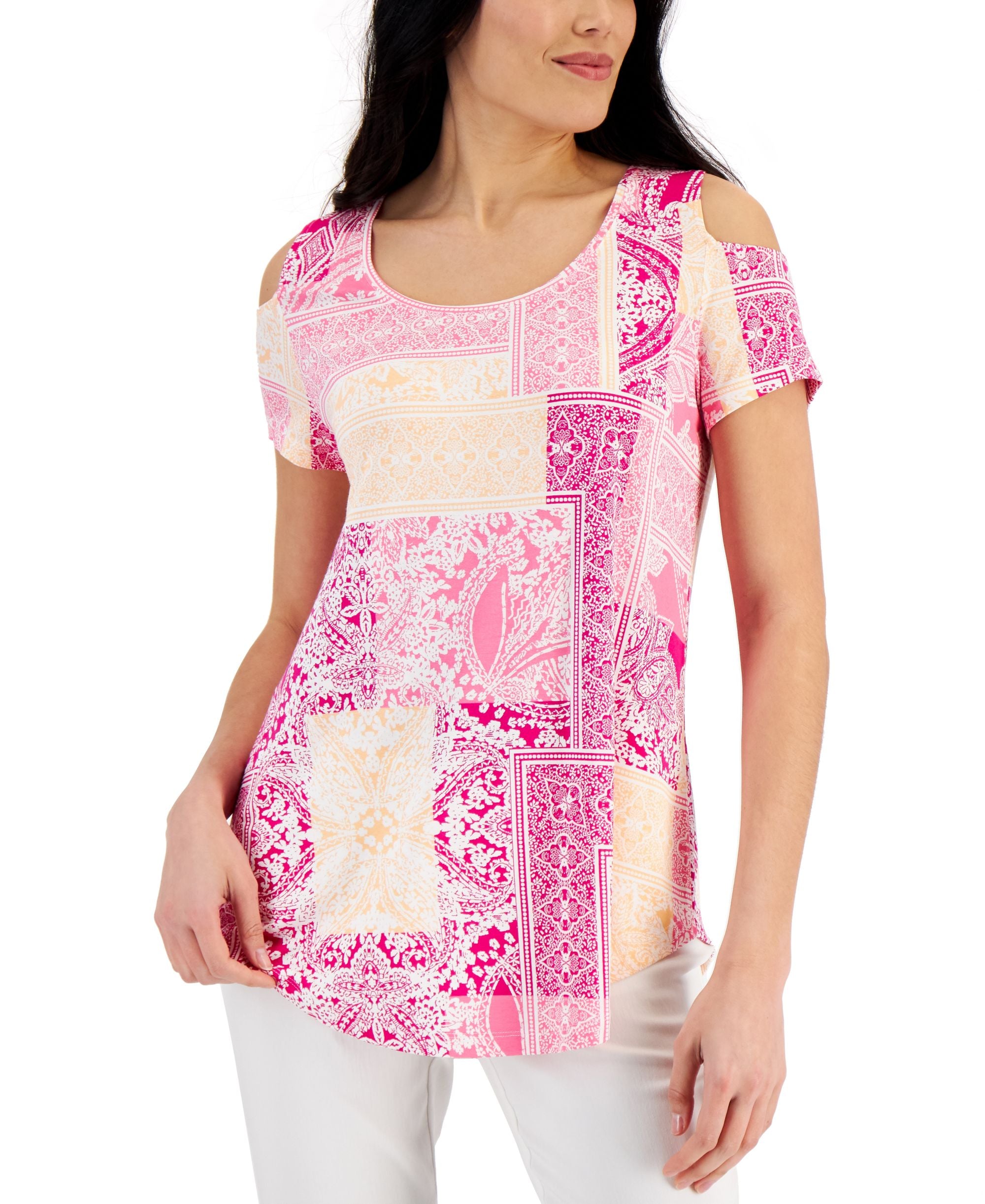 JM Collection Womens Patchwork Print Cold Shoulder Top