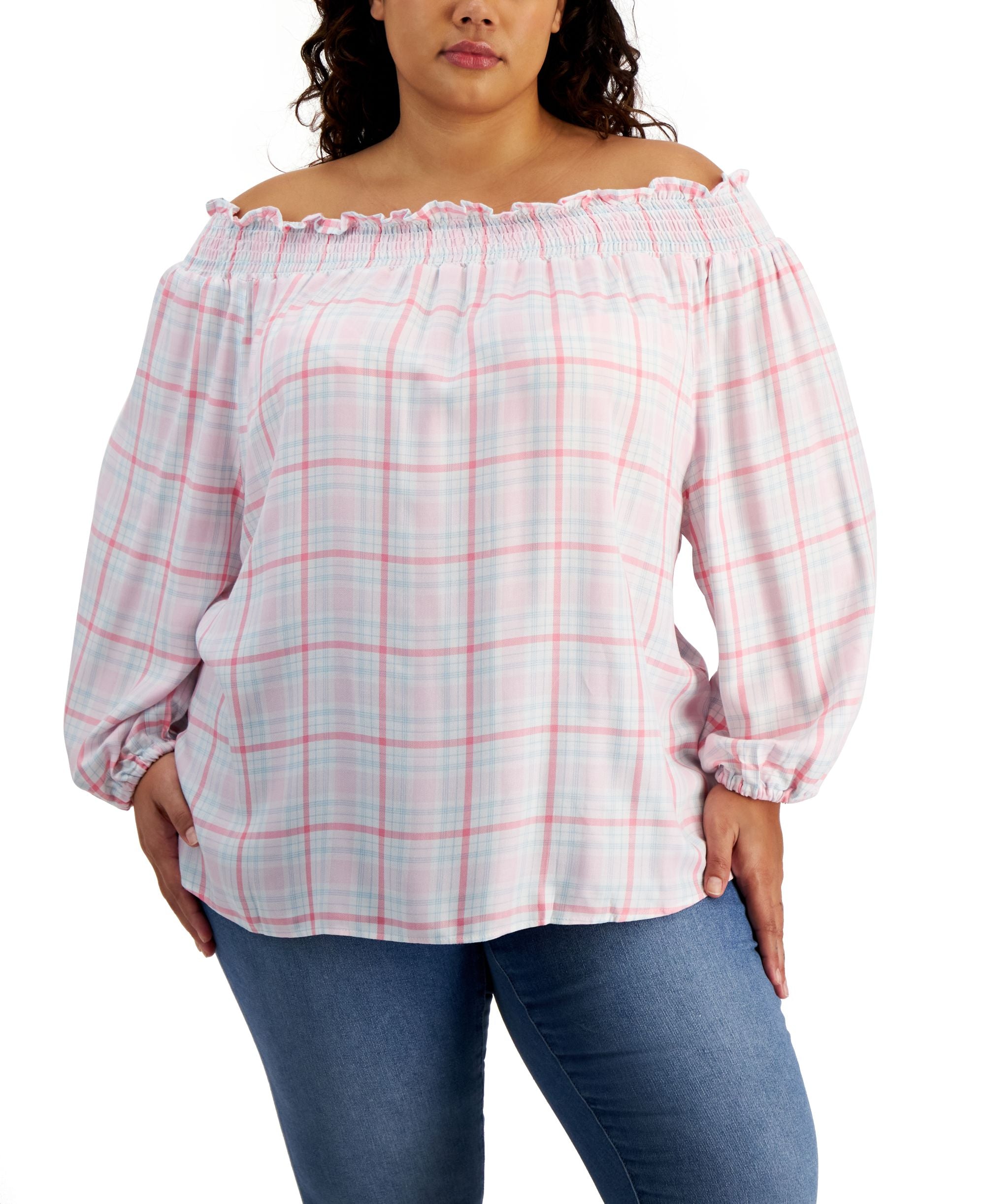 Tommy Hilfiger Plus Size Off The Shoulder Plaid Top