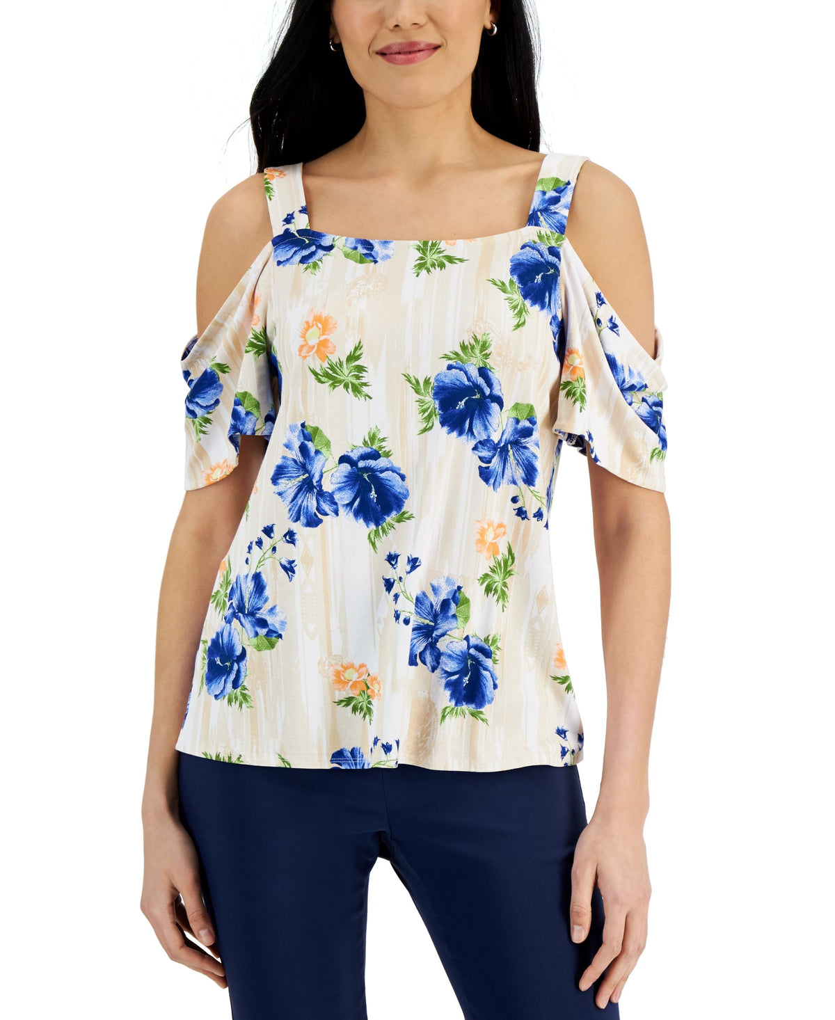 JM Collection Petite Draped Cold Shoulder Top
