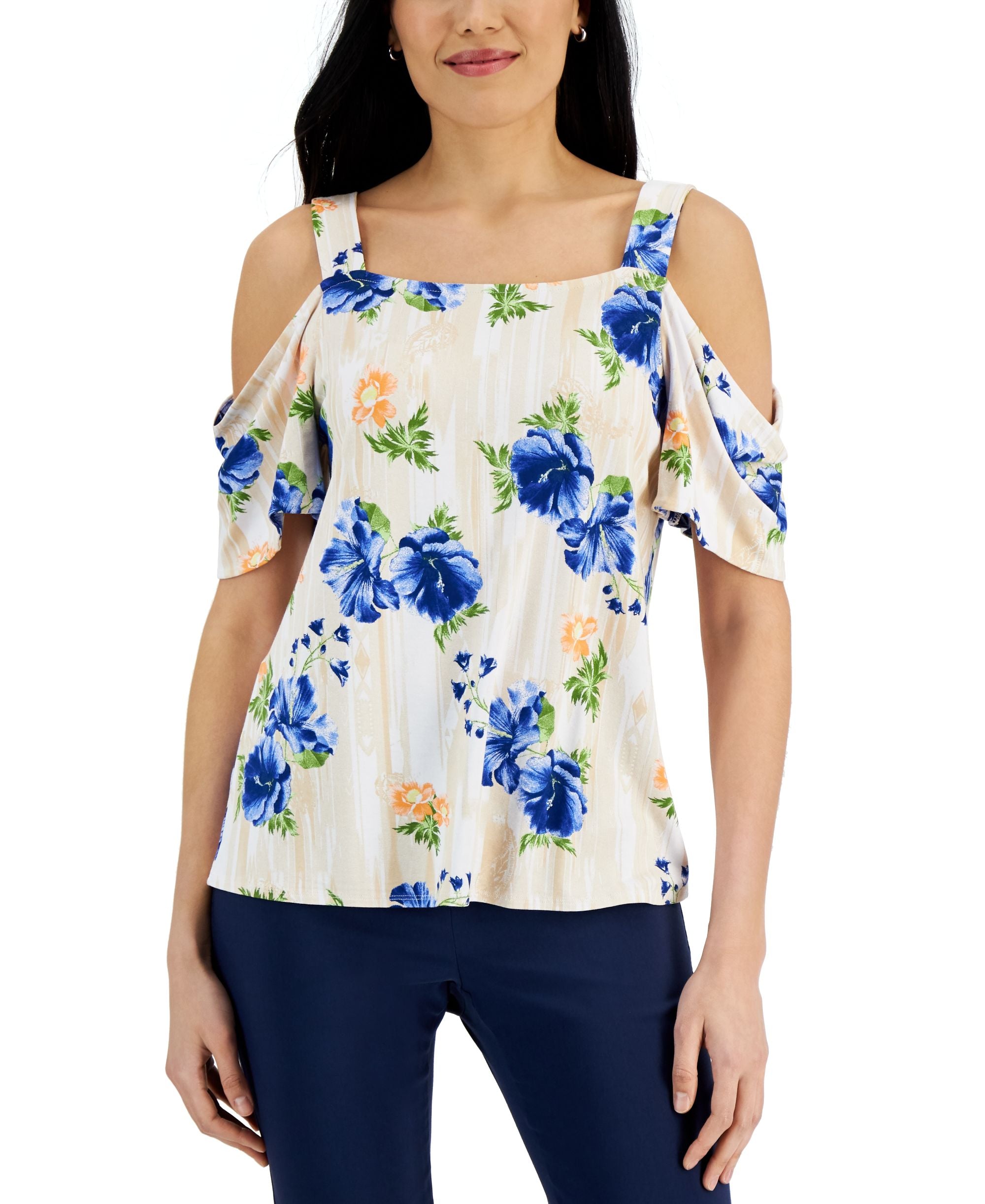 JM Collection Womens Printed Cold-Shoulder Top