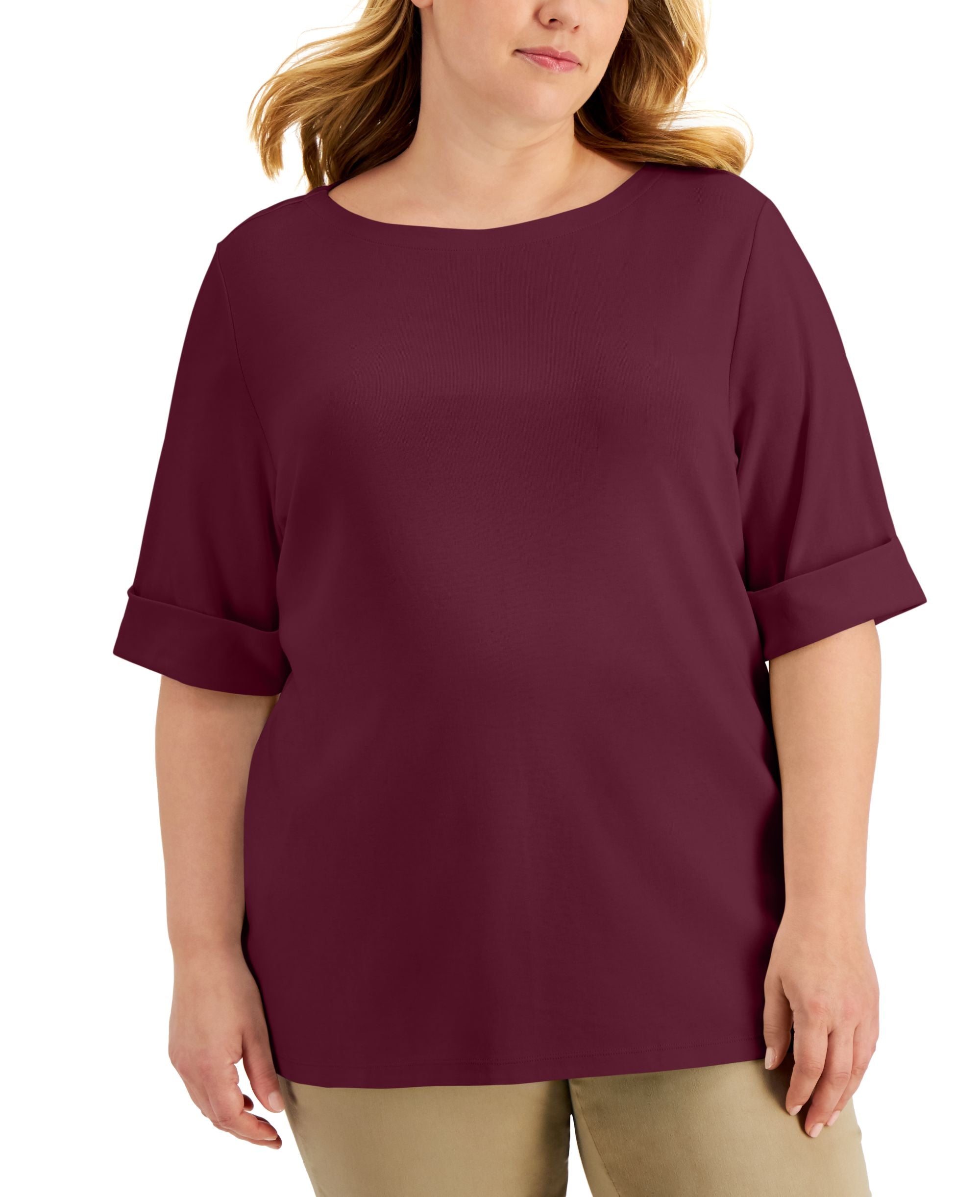 Plus Size Cotton Elbow-Sleeve Top