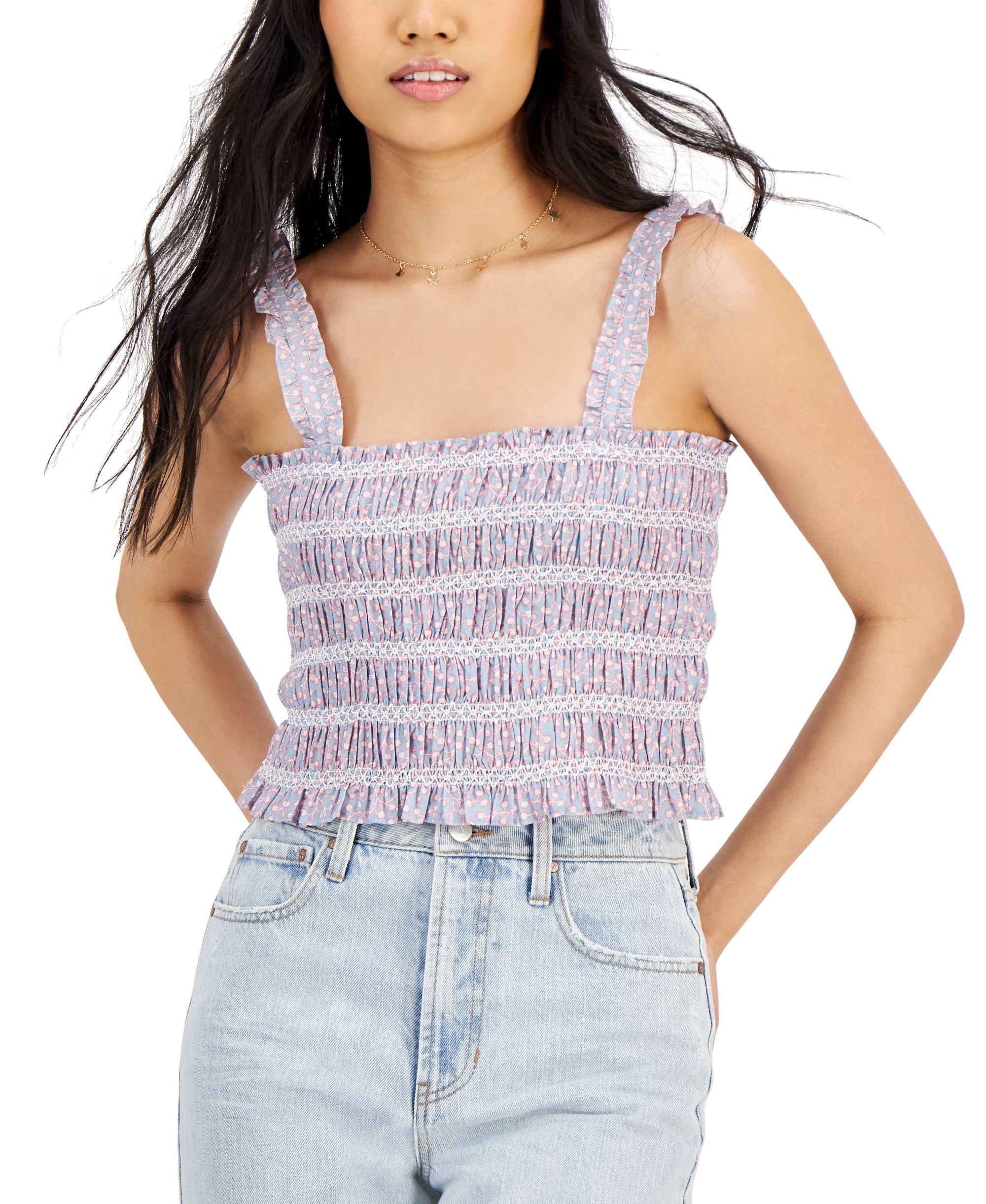 French Connection Womens Square Neck Cropped Cami Cotton Smocked Top