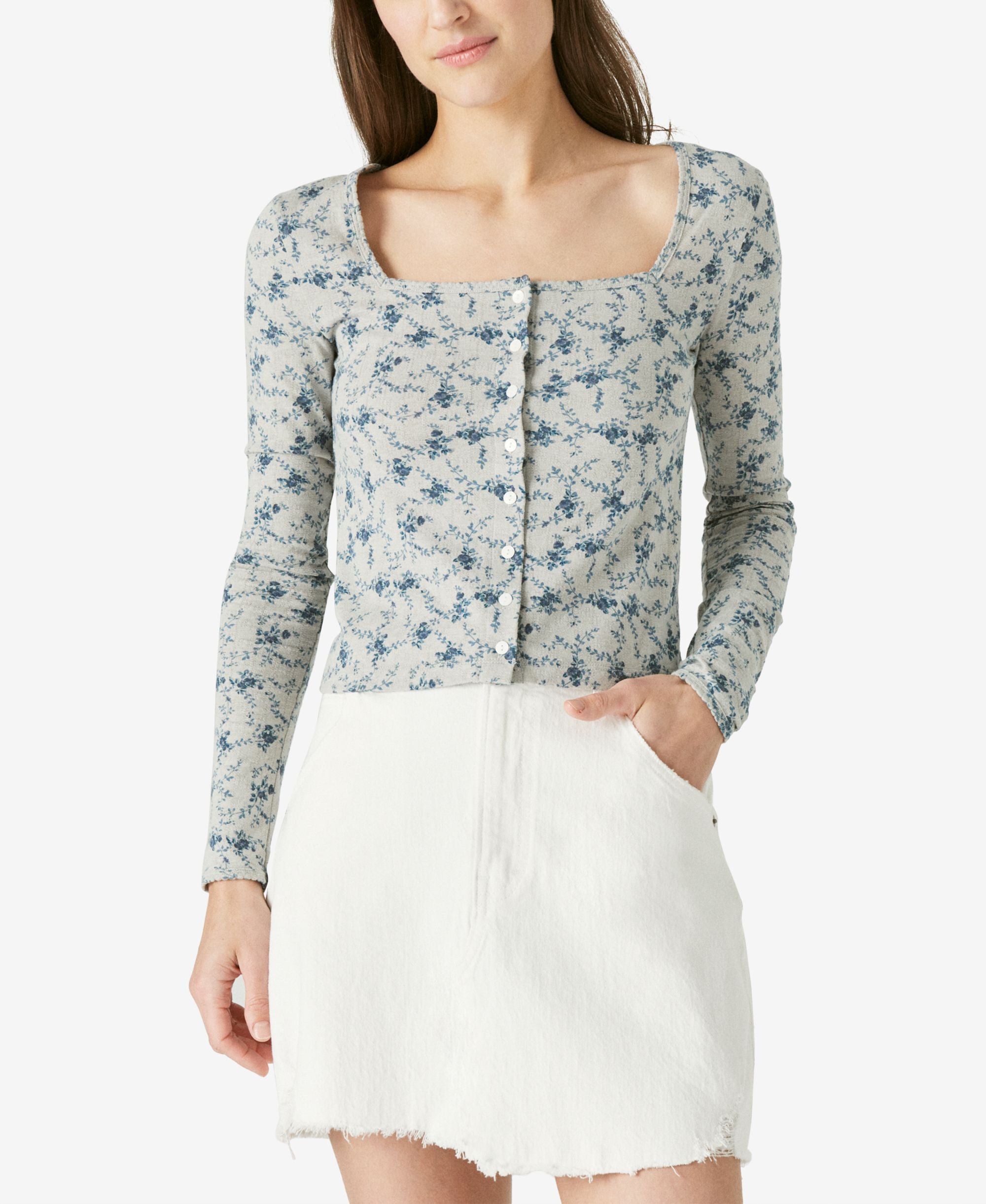 Lucky Brand Pointelle Floral Print Cardigan