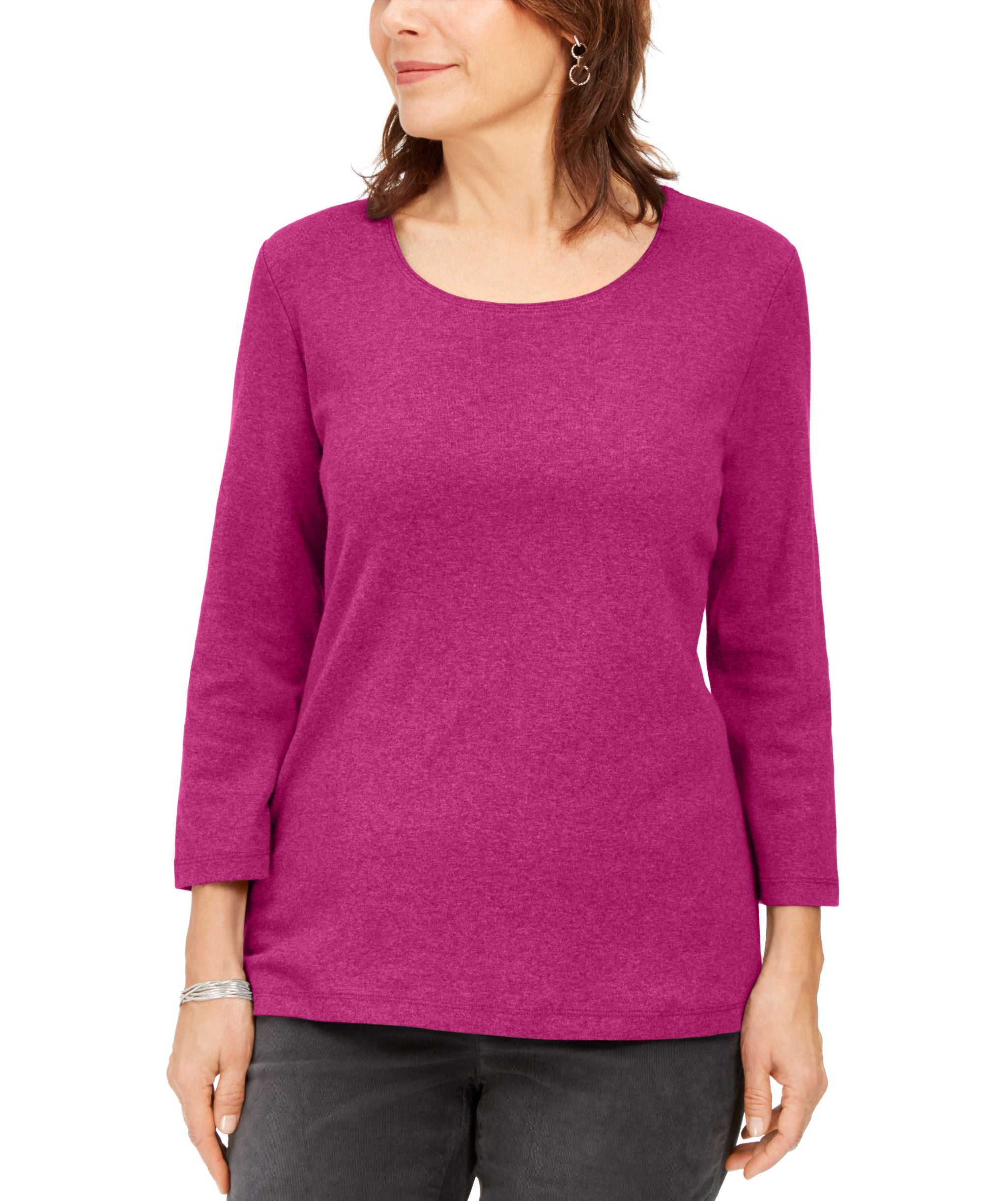 Petite 3/4 Sleeve Cotton Scoop-Neck Top