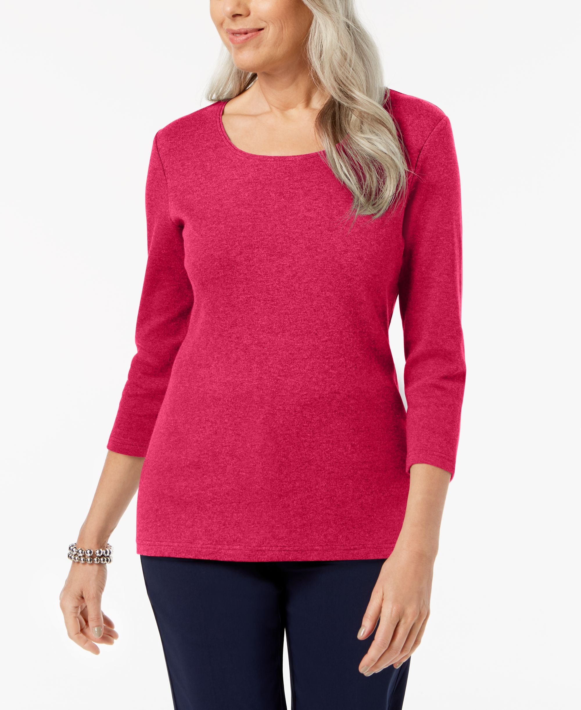 Petite 3/4 Sleeve Cotton Scoop-Neck Top
