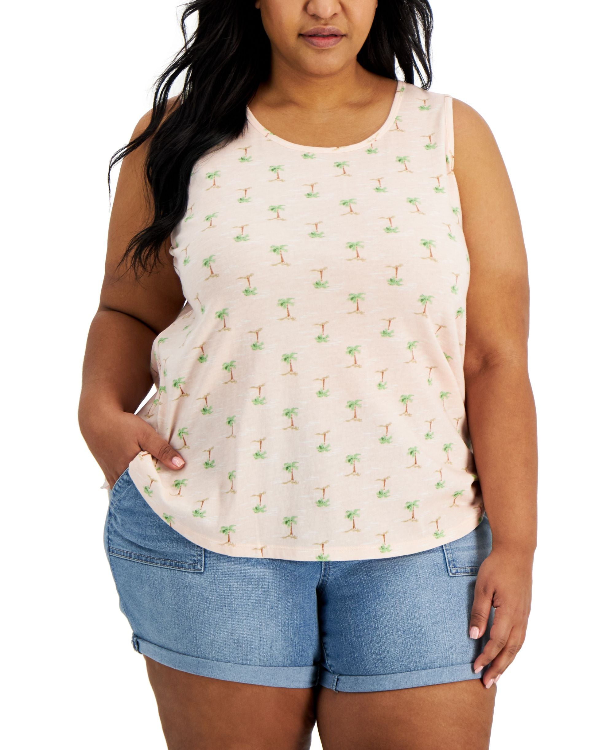 Style & Co Plus Size Cotton Palm Print Tank