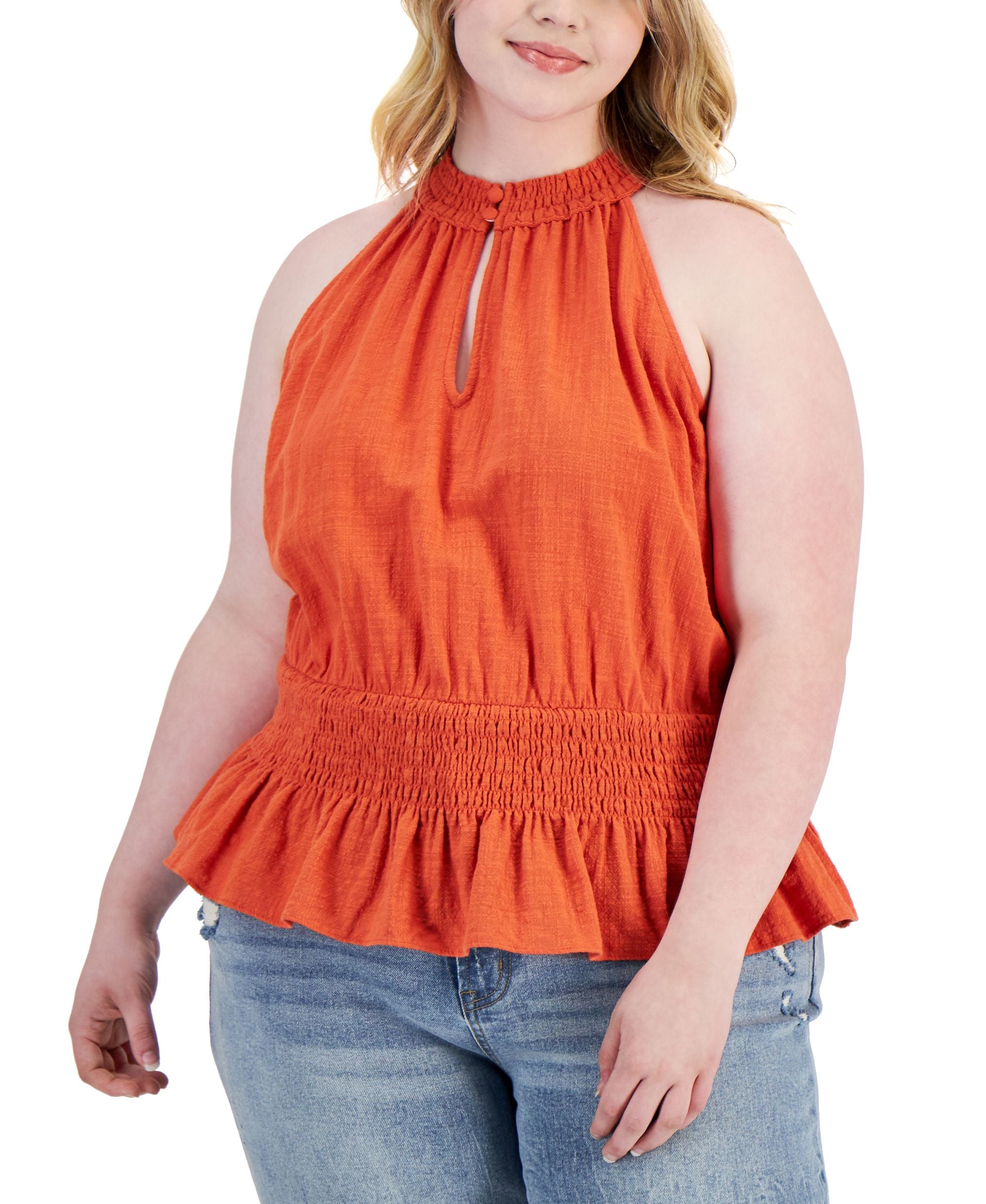INC International Concepts Plus Size Smocked Cotton Halter Top
