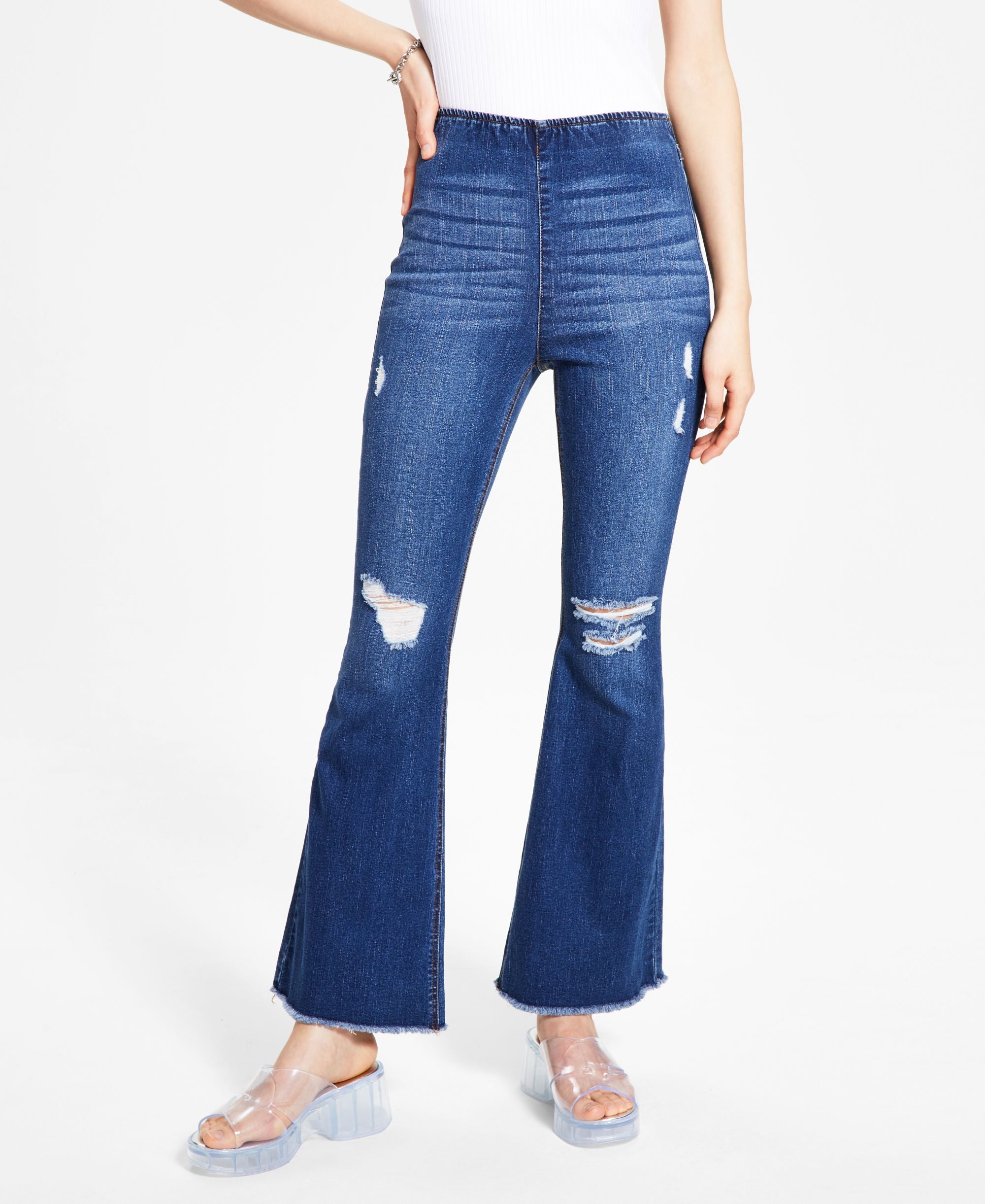Tinsel Petite Pull On Distressed Flare Jeans