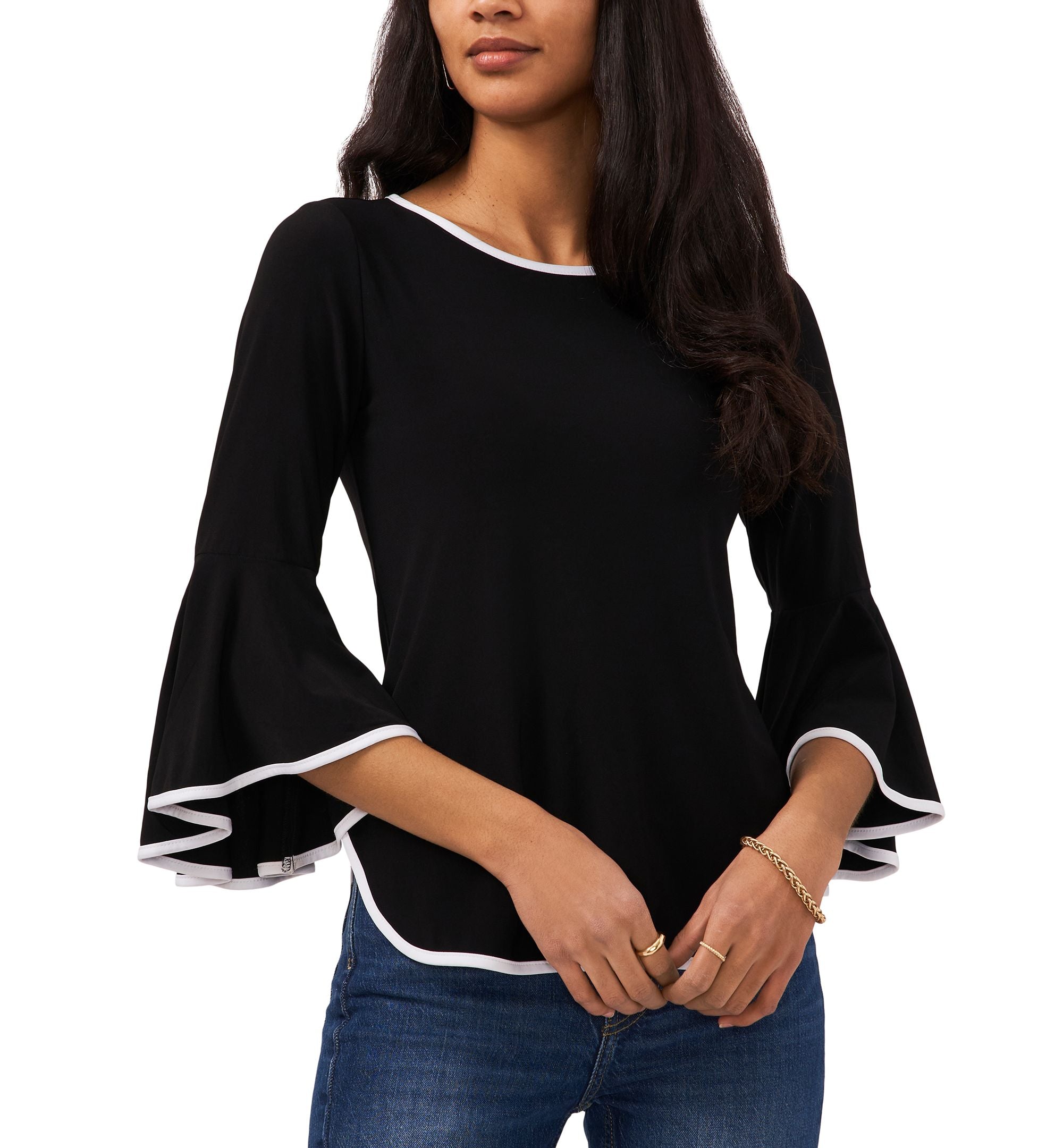 Petite Contrast-Trim Bell-Sleeve Top