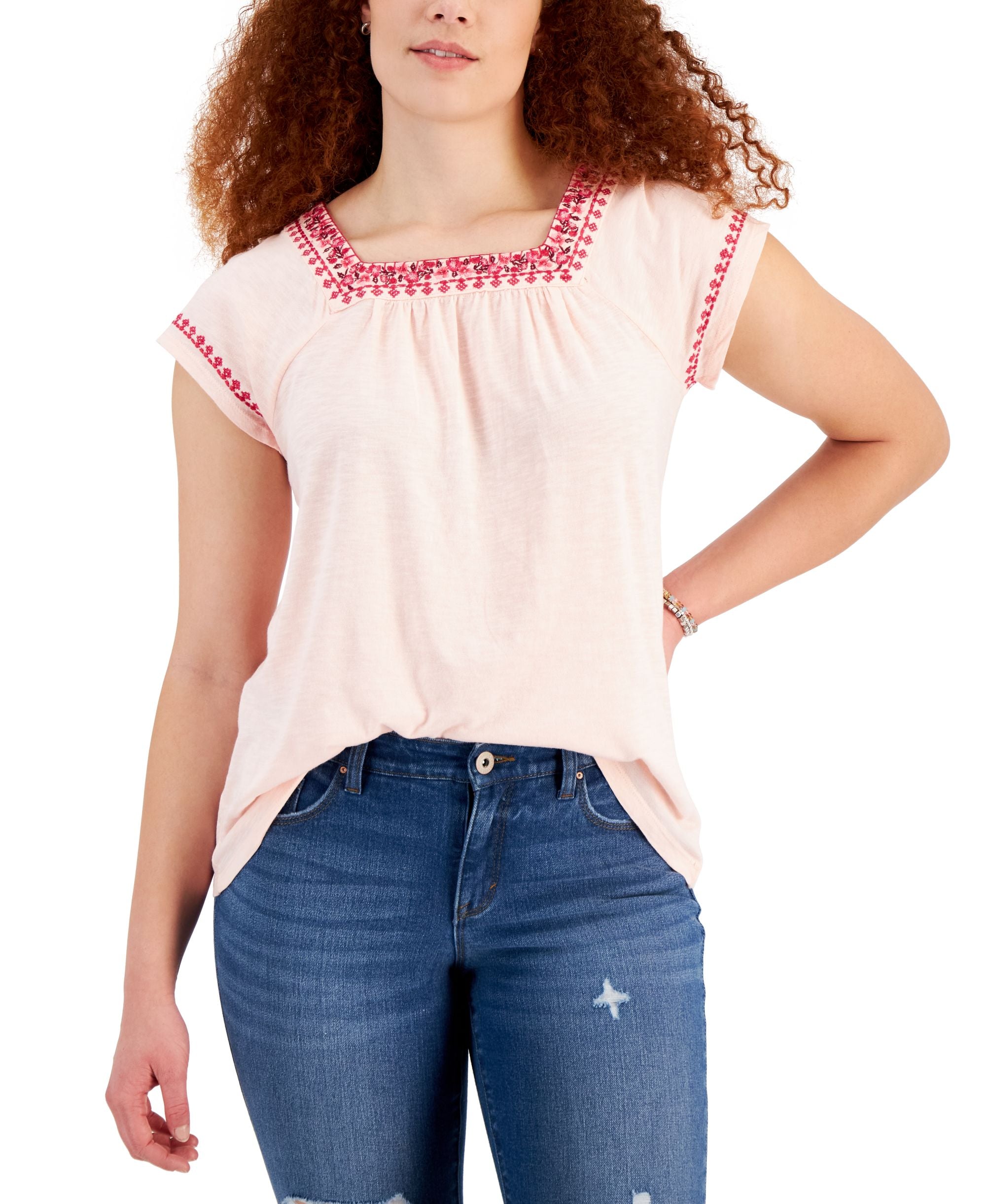 Style & Co Womens Embroidered Flutter Sleeve Top