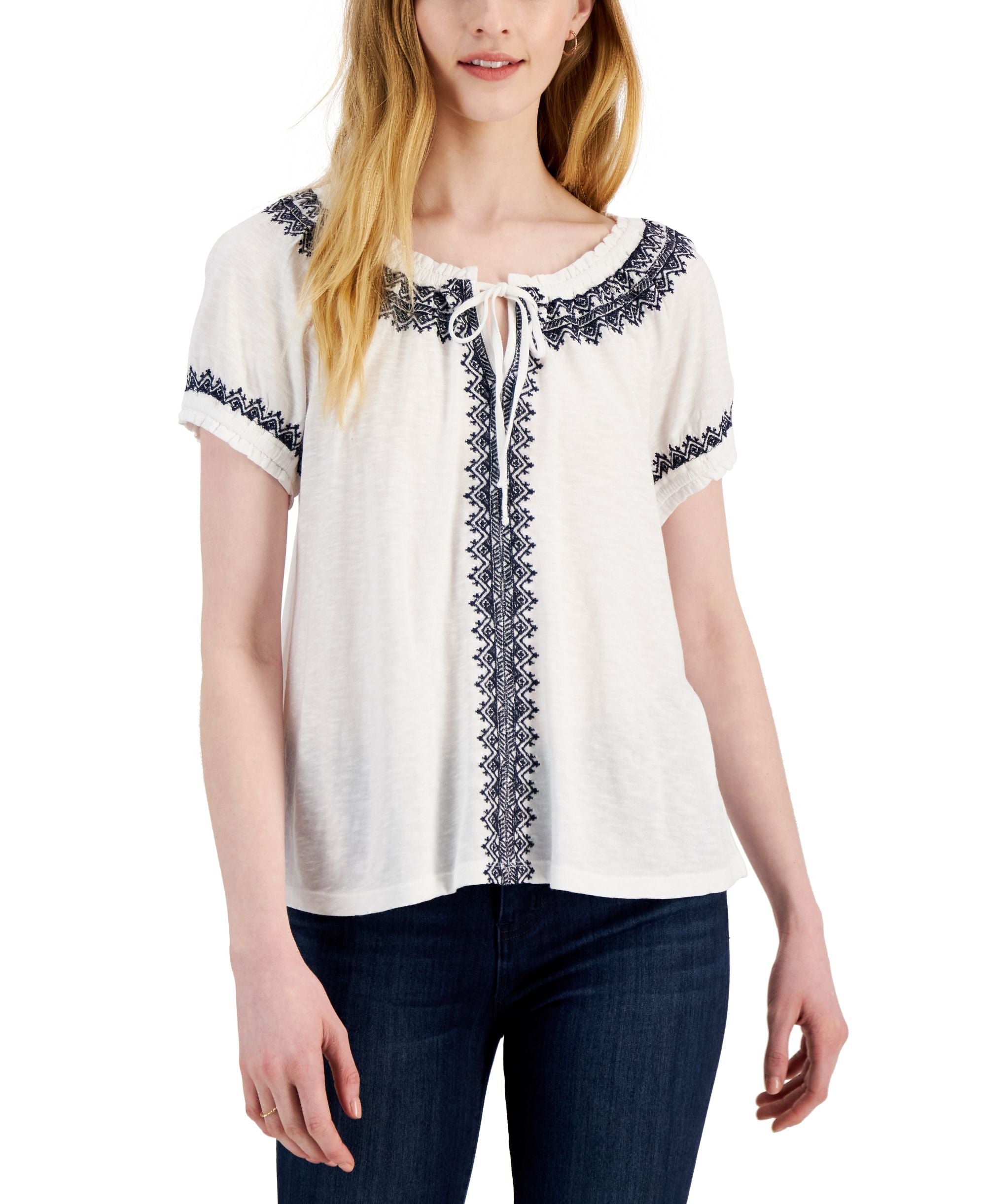 Style & Co Womens Embroidered Puff Sleeve Blouse