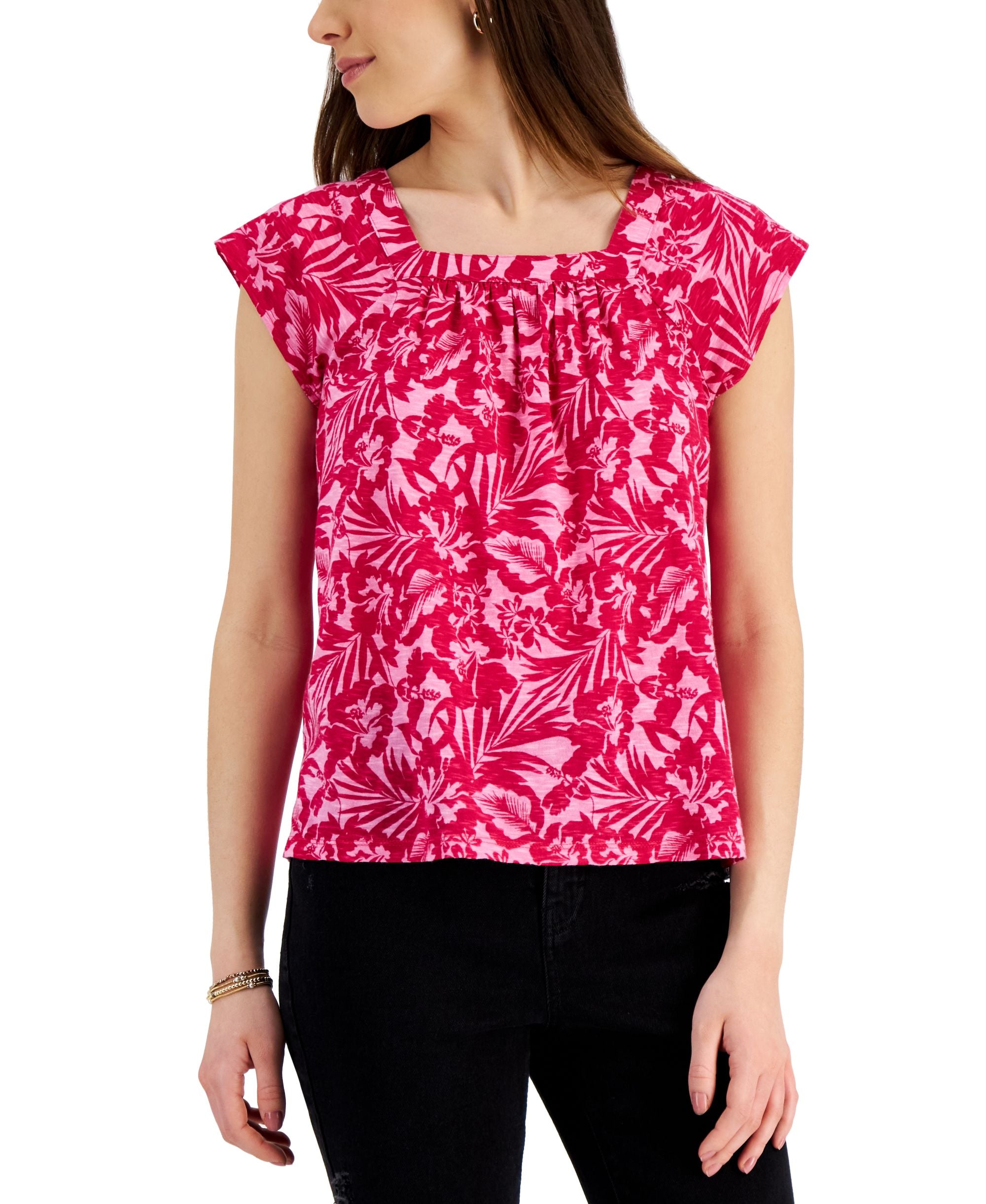 Style & Co Womens Printed Square Neck Flutter Sleeve Top