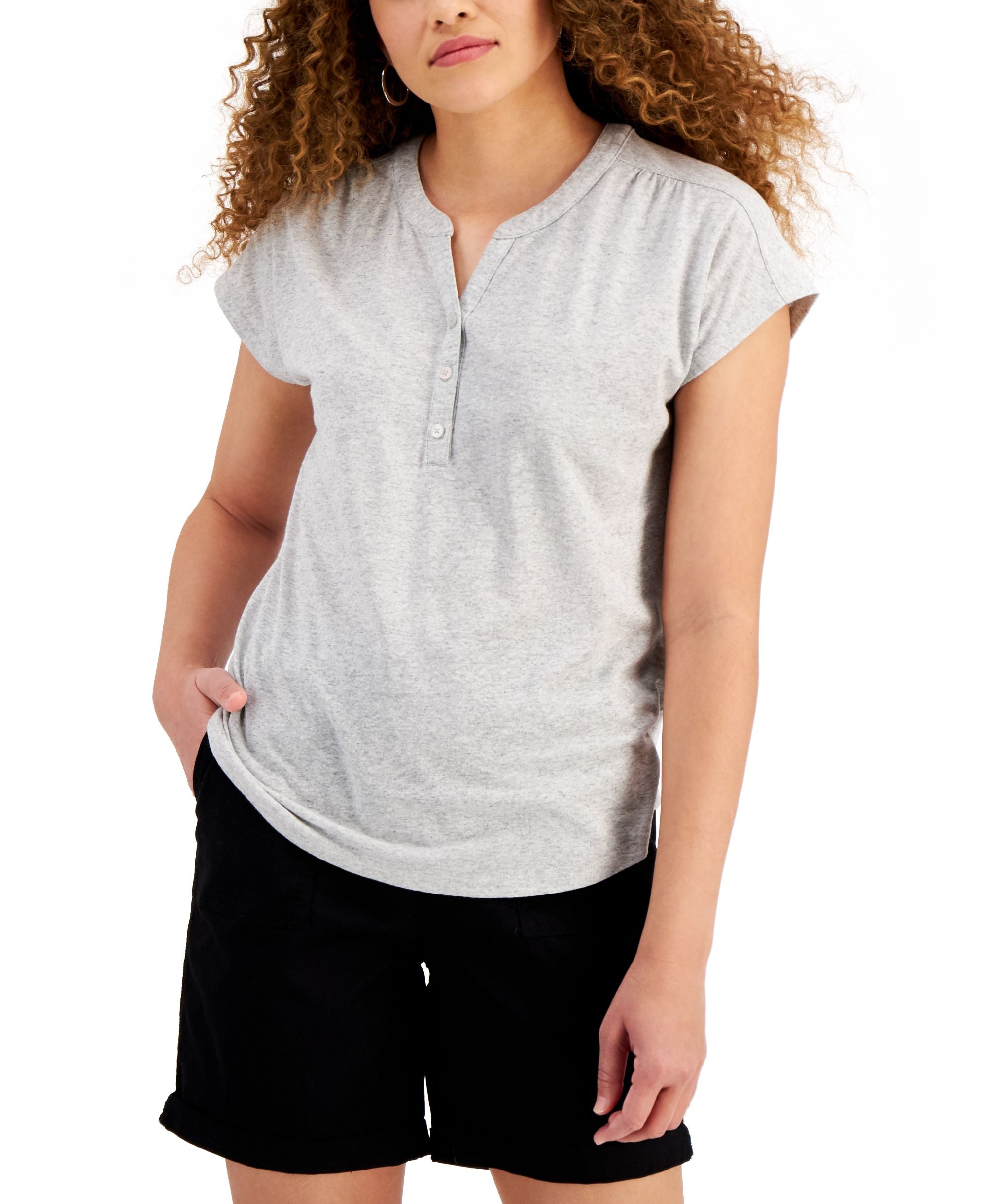 Style & Co Dolman Sleeve Henley Linen Blend Top