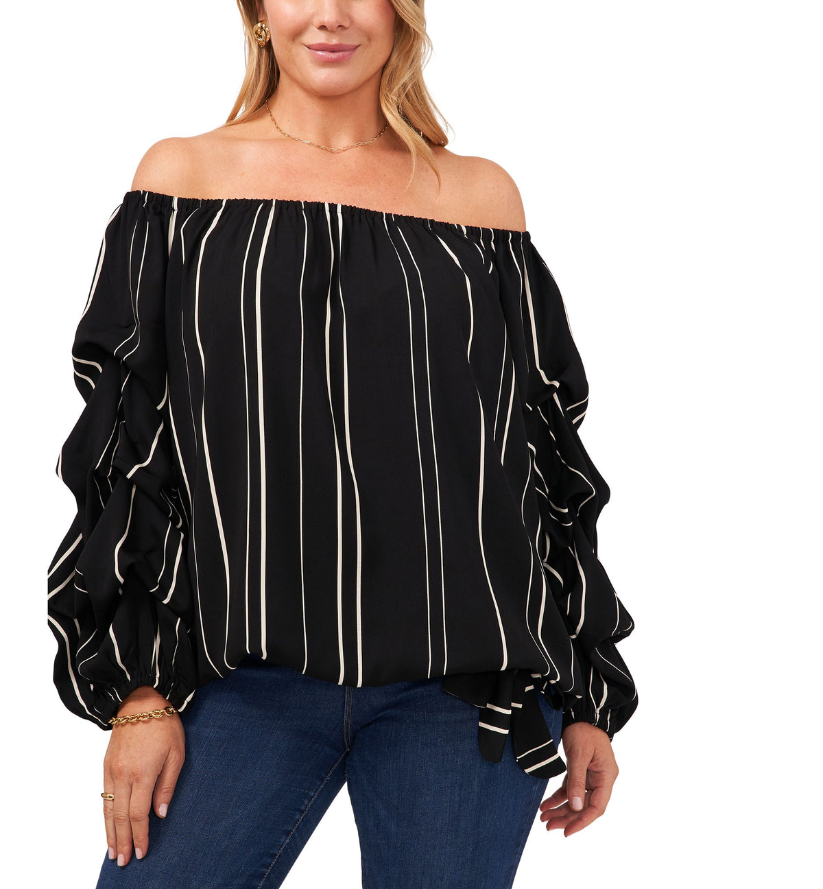 Plus Size Striped Off The Shoulder Bubble Sleeve Tie Front Blouse
