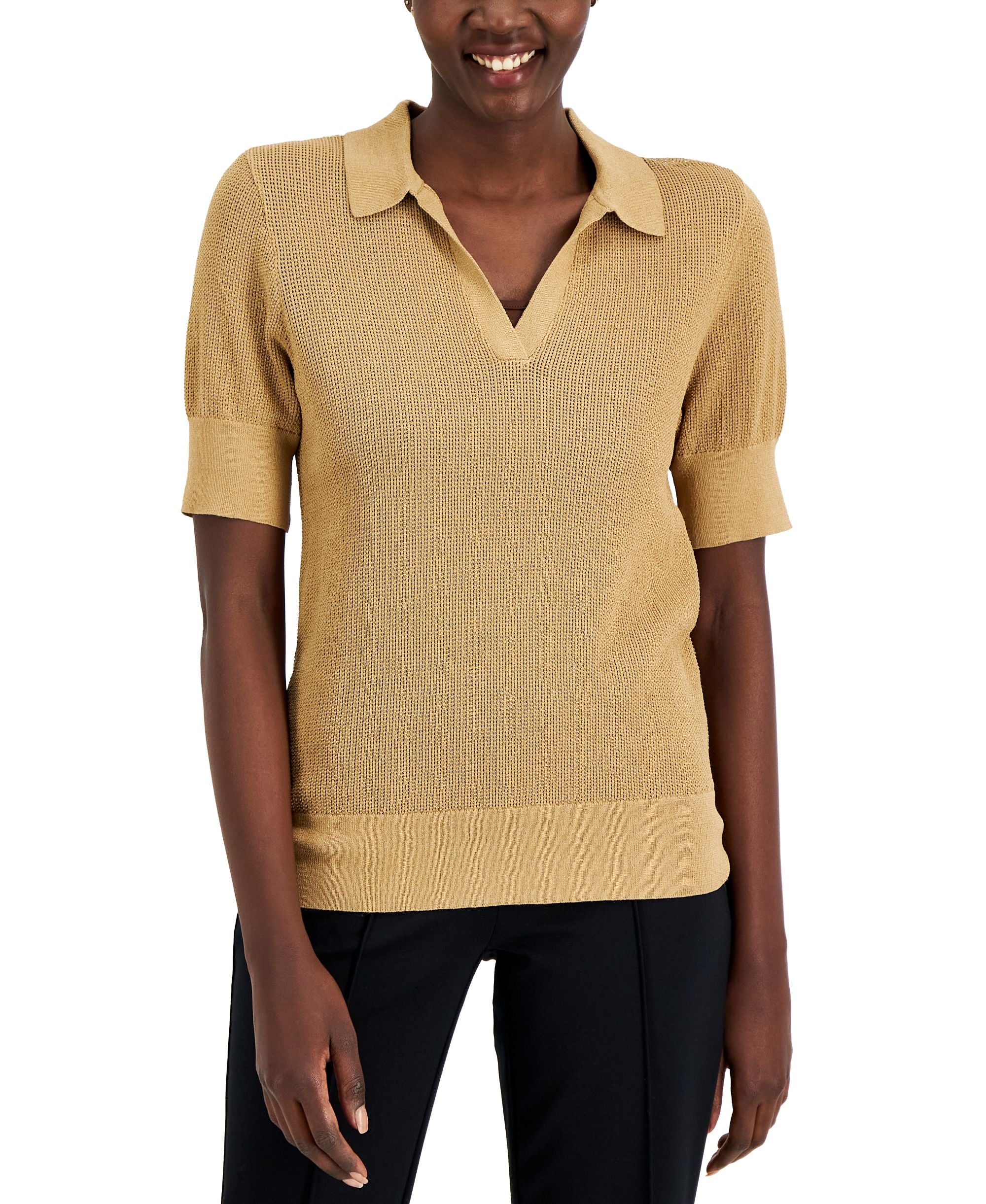 Alfani Womens Pointelle Polo Sweater