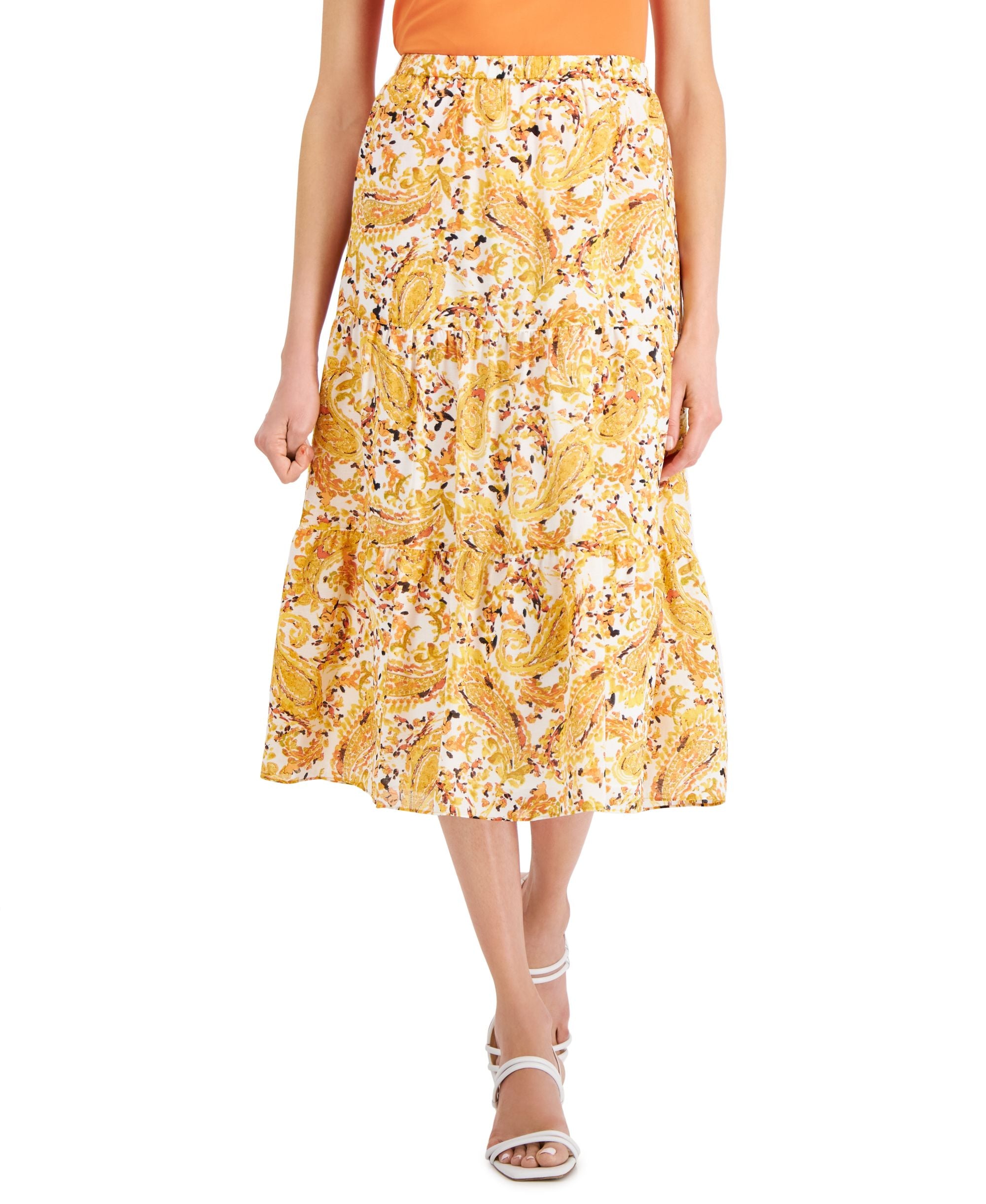 Kasper Womens Paisley Print 3 Tiered Pull On Skirt