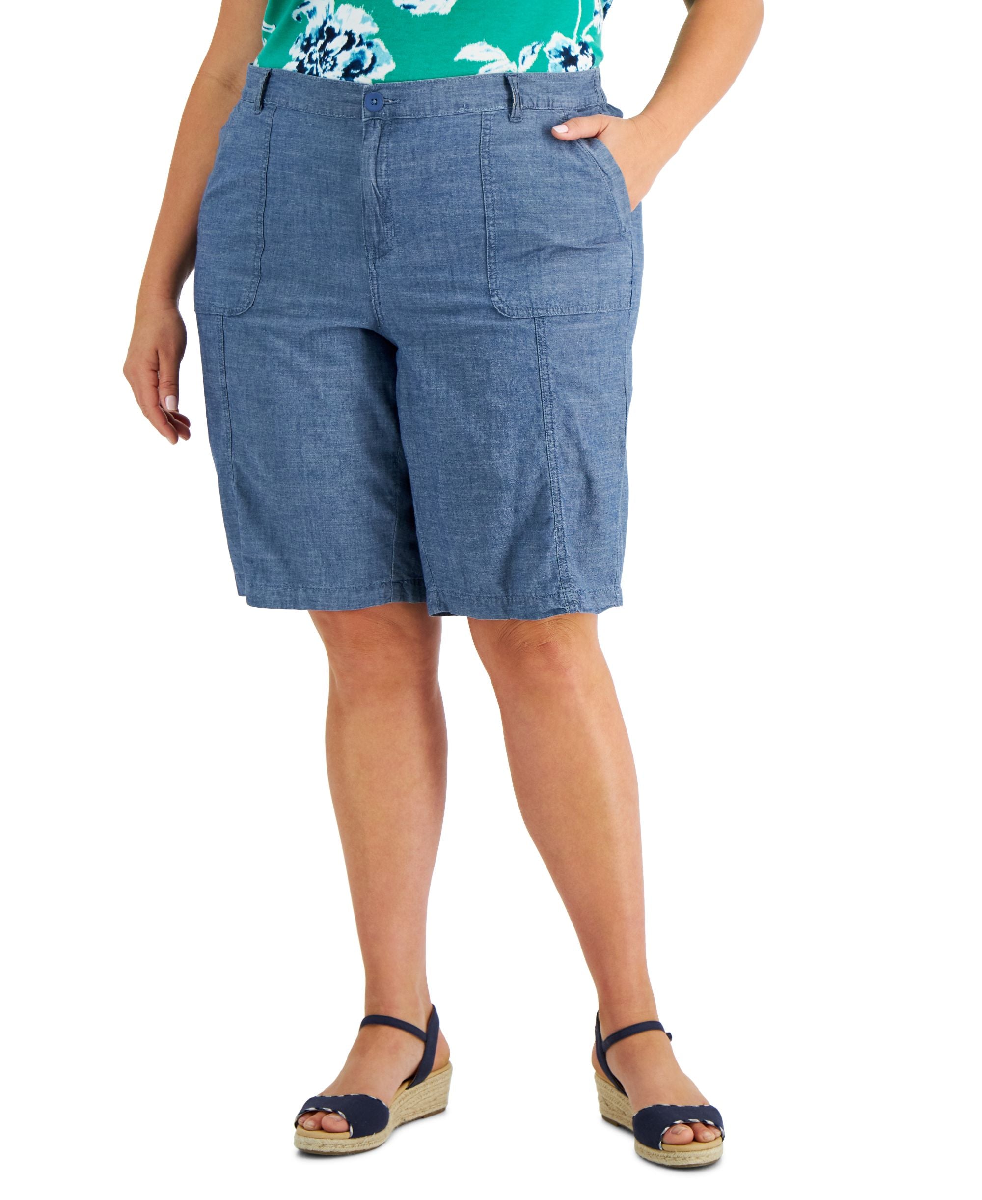 Karen Scott Plus Size Chambray Utility Shorts
