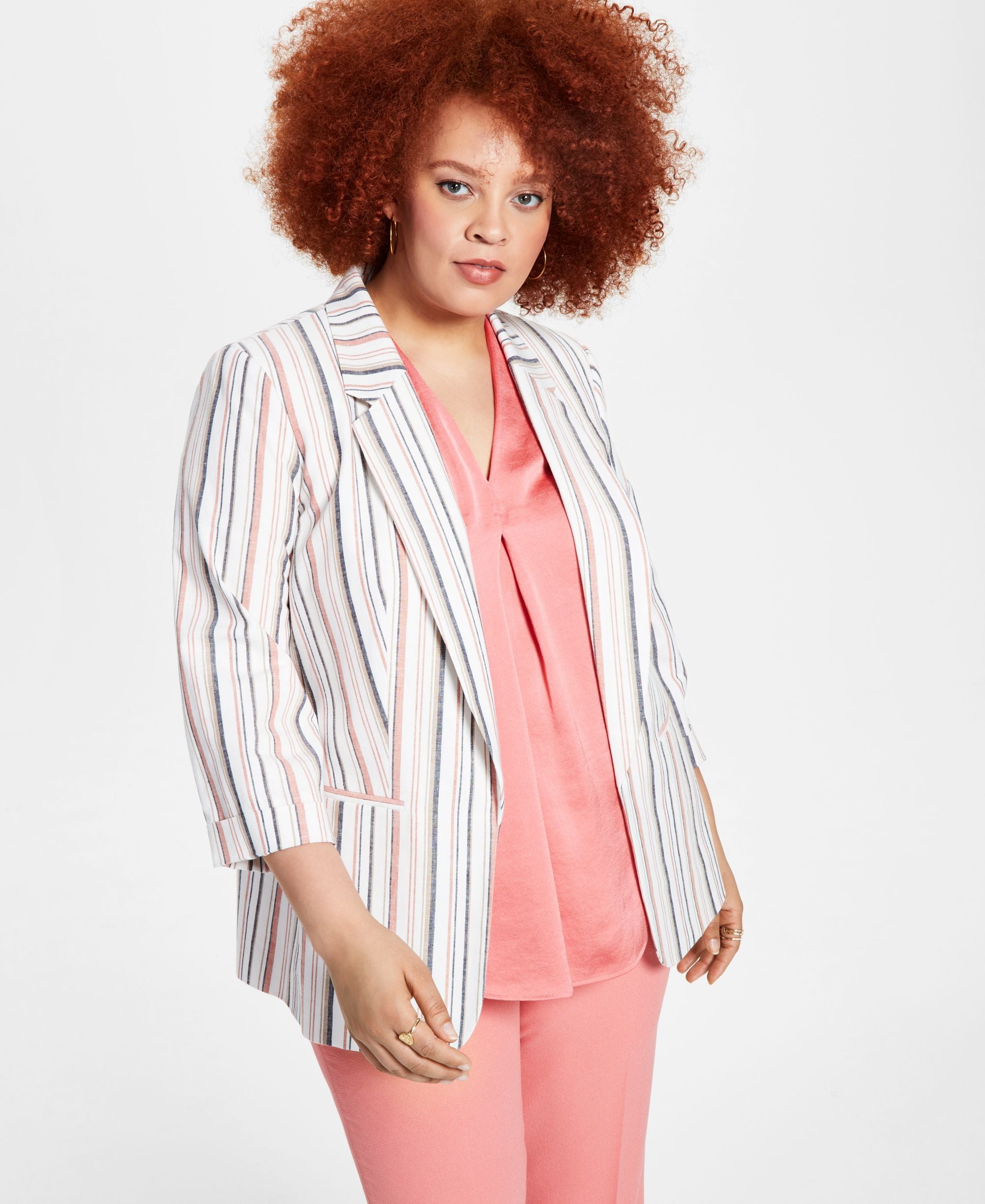 Bar III Womens Plus Cotton Blend Striped Open-Front Blazer