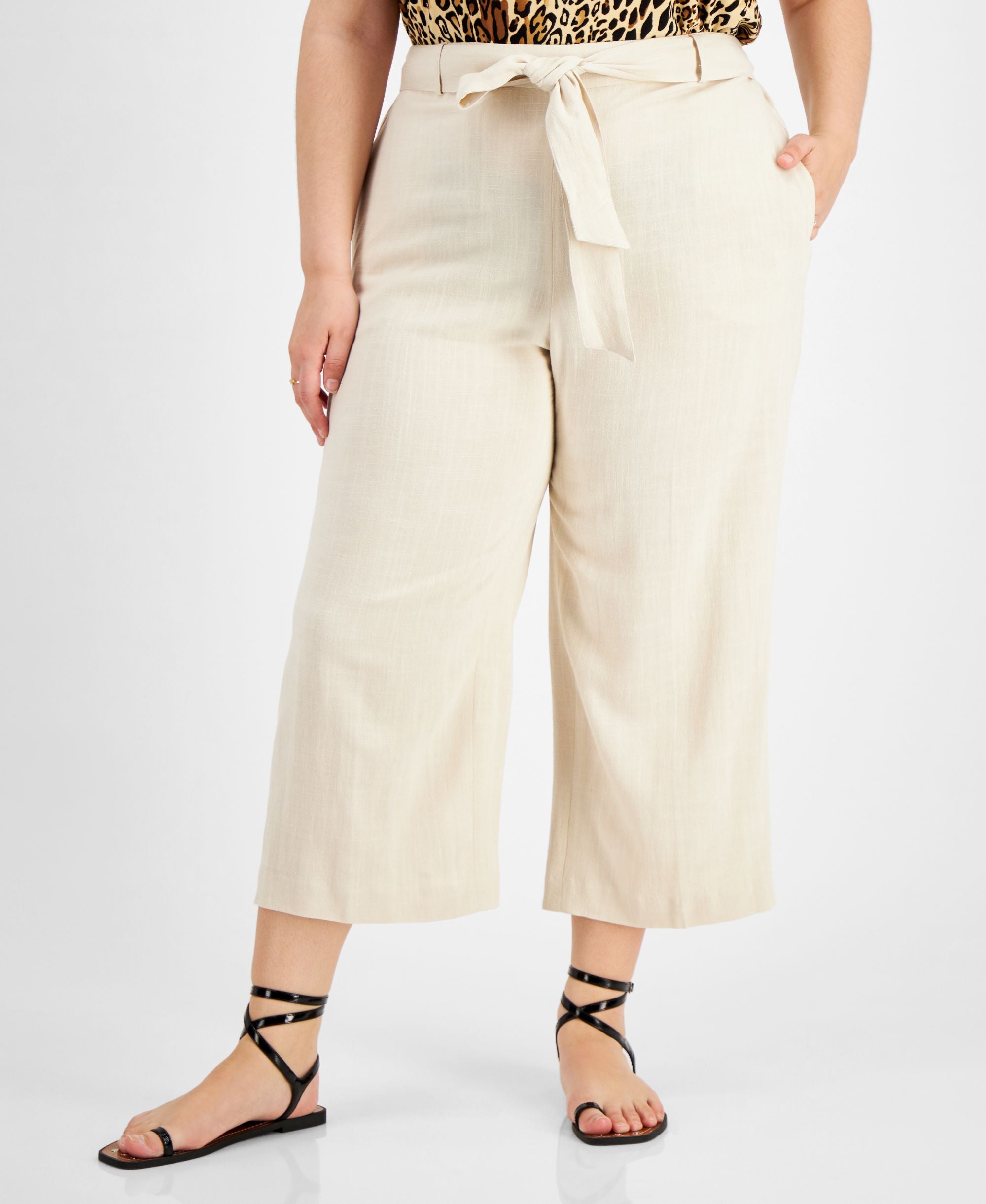 Bar III Plus Size High Rise Tie Waist Pants