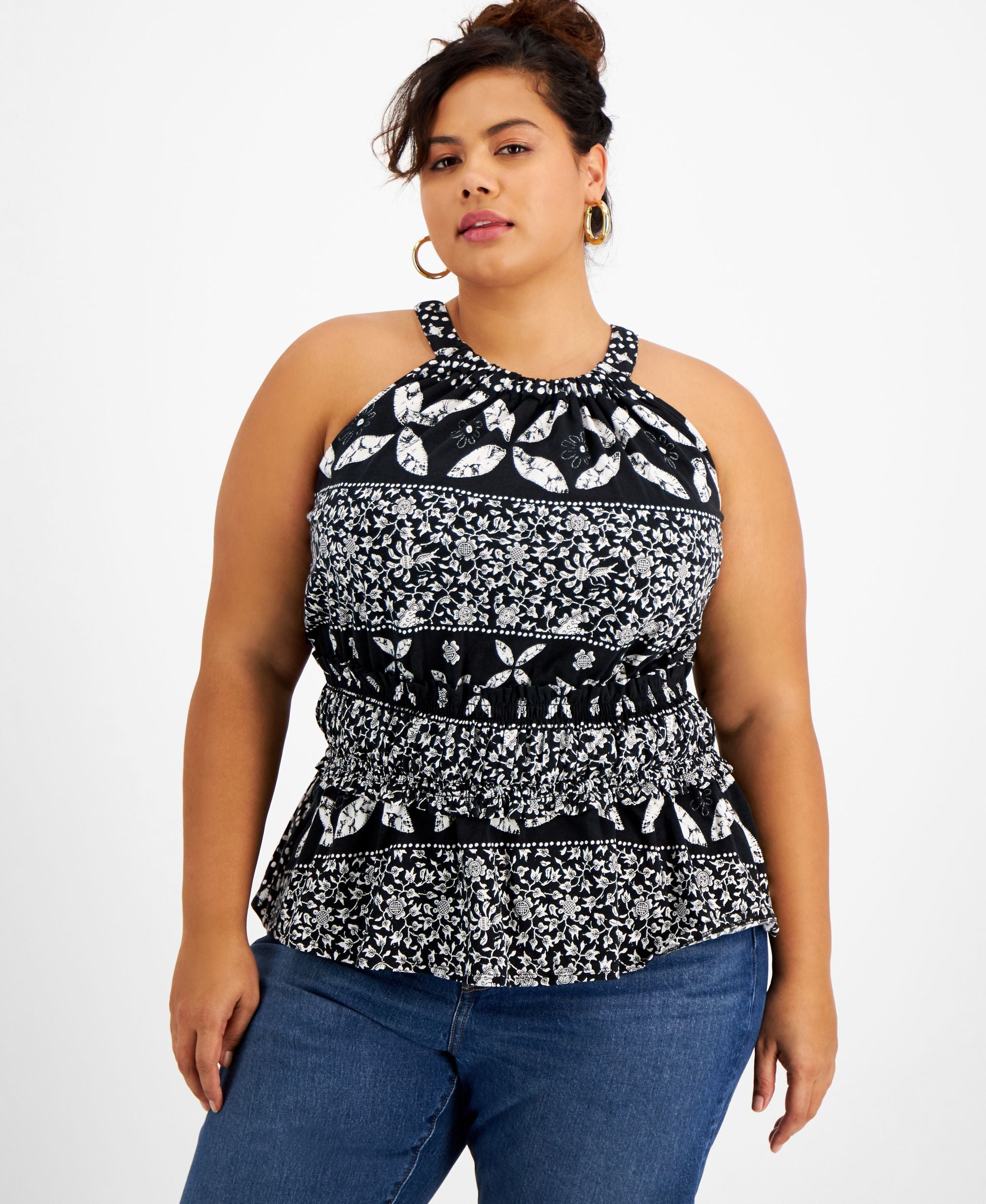 INC International Concepts Plus Size Printed Gathered Waist Halter Top