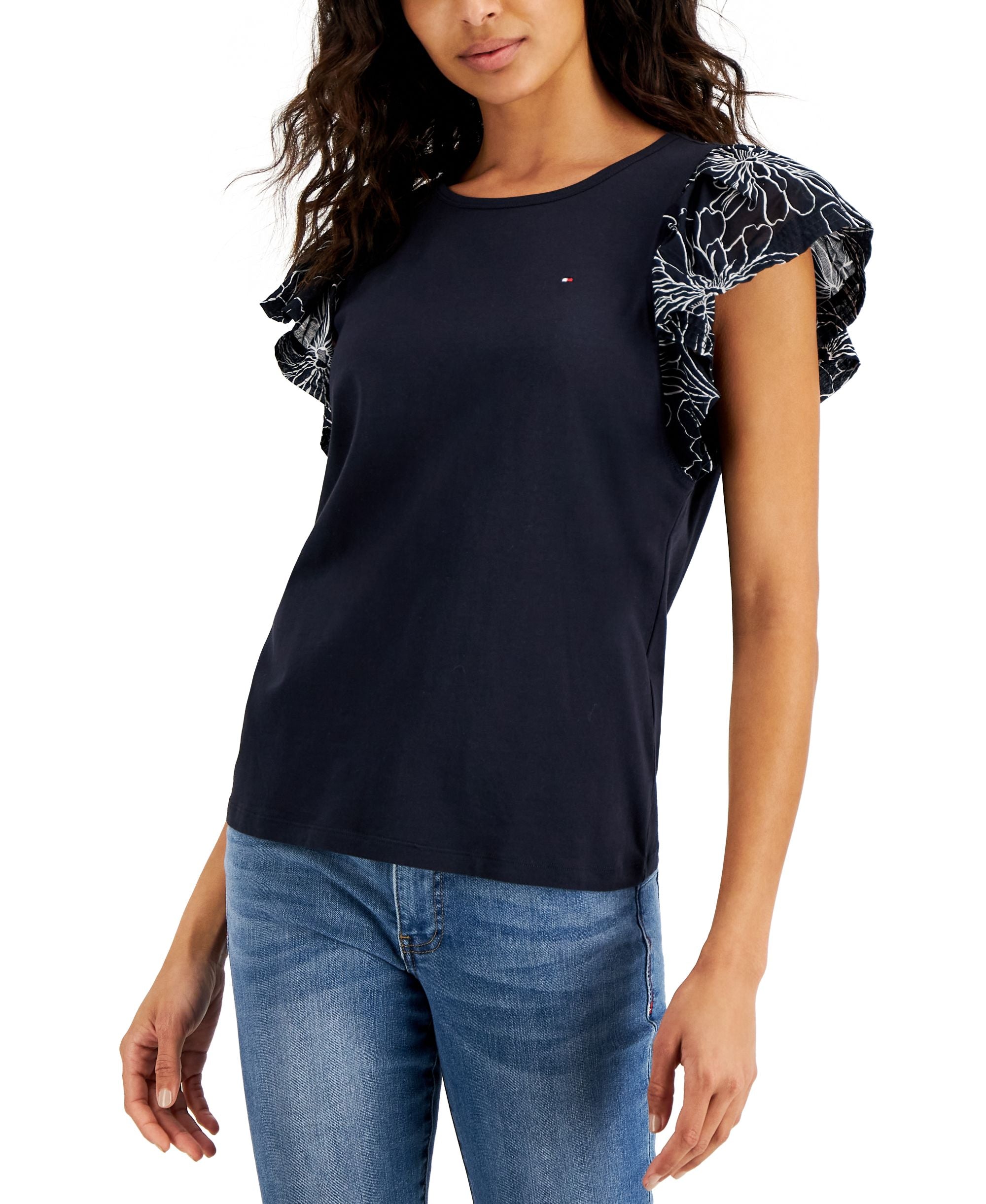 Tommy Hilfiger Womens Printed Flutter Sleeve Top