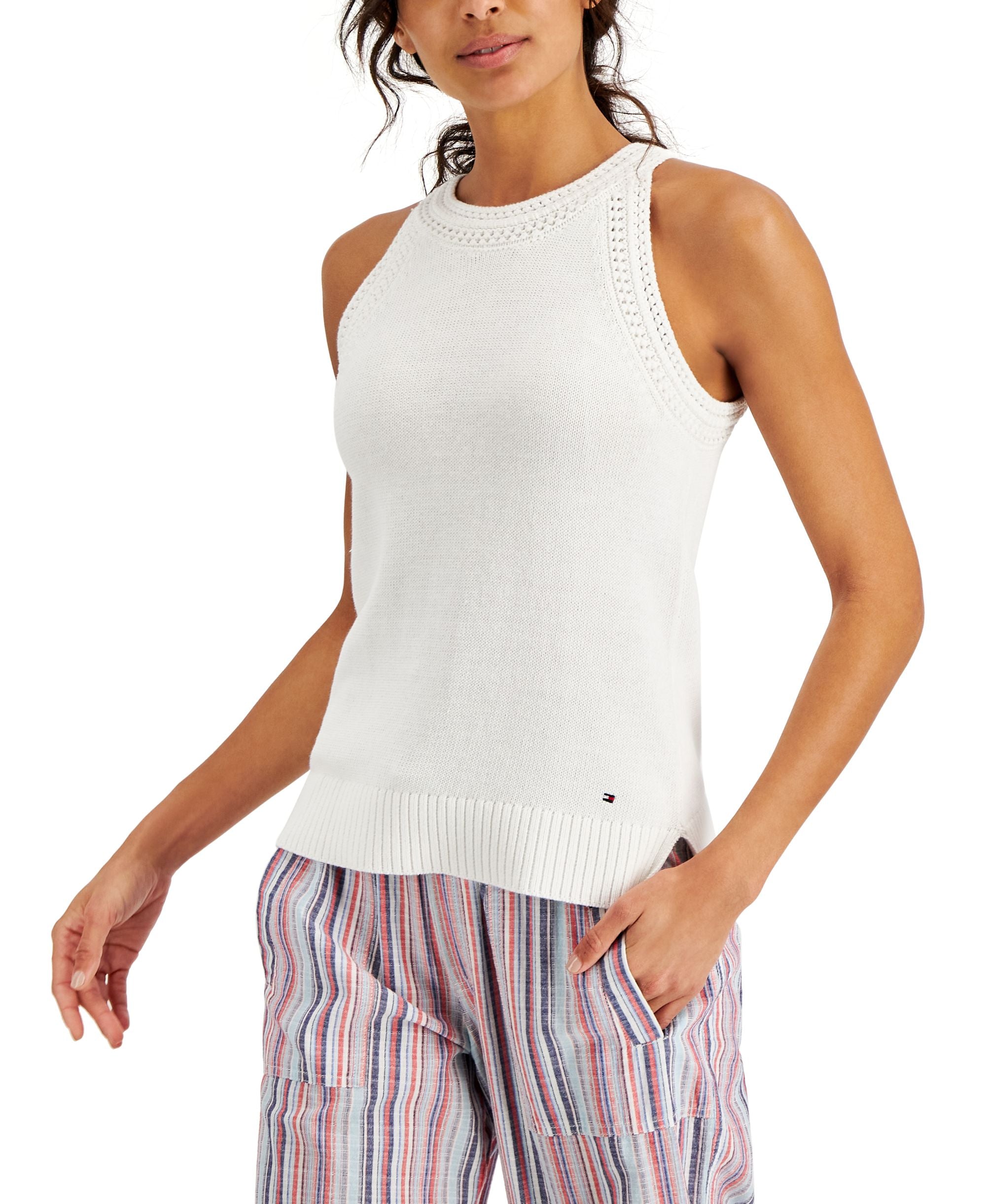 Tommy Hilfiger Womens Crochet Trim Sleeveless Sweater