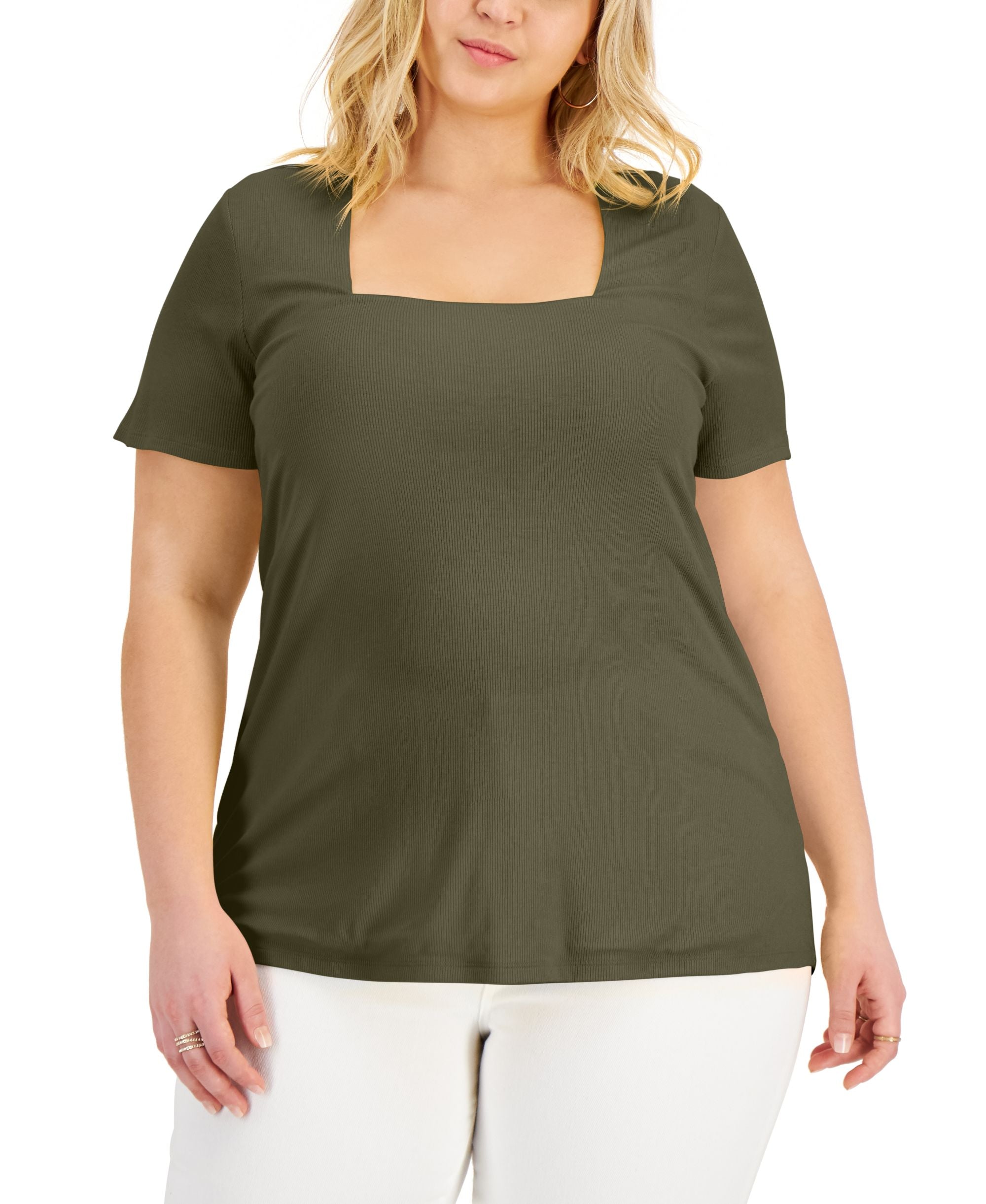 INC International Concepts Plus Size Square Neck Ribbed Top