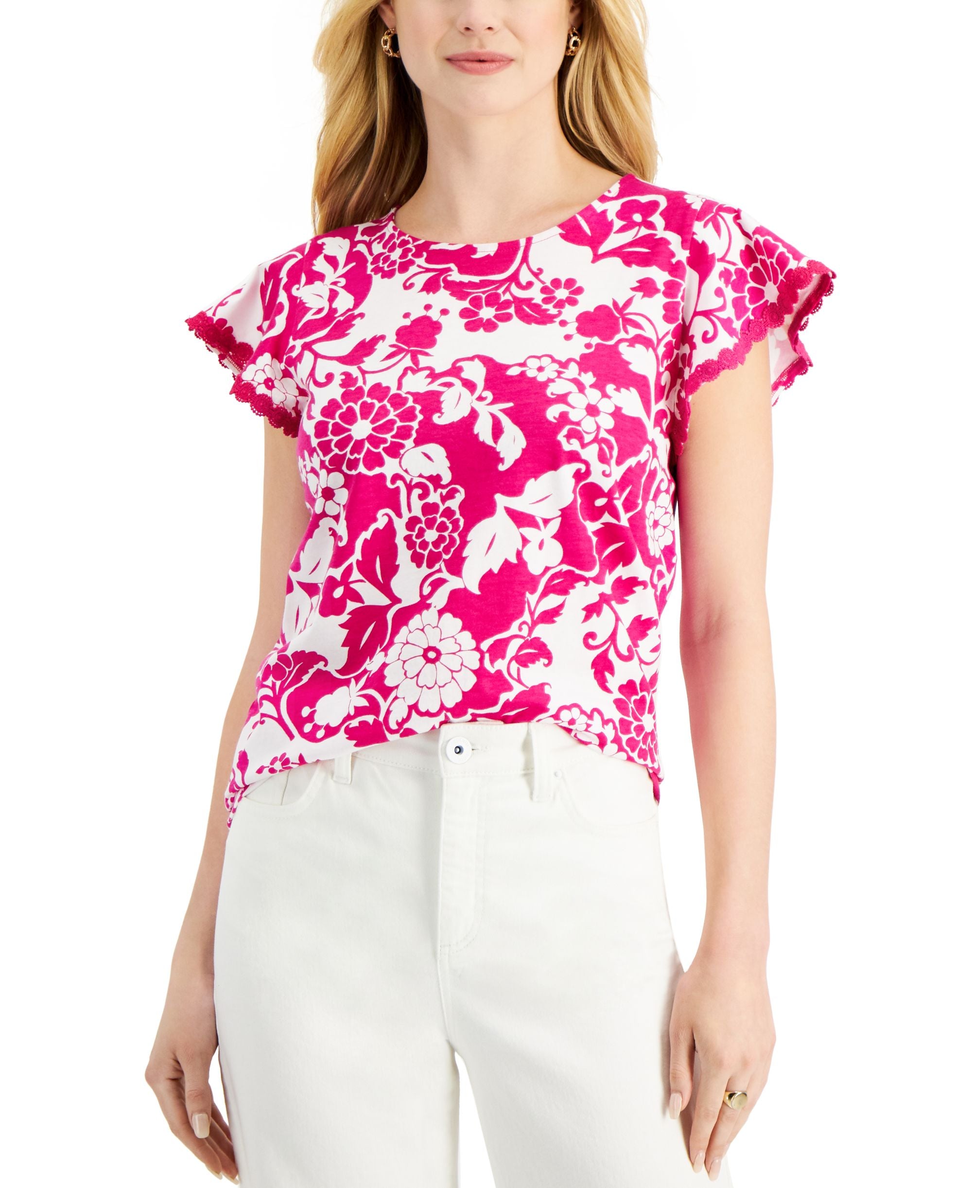 Charter Club Petite Crochet Trim Flounce Sleeve Top