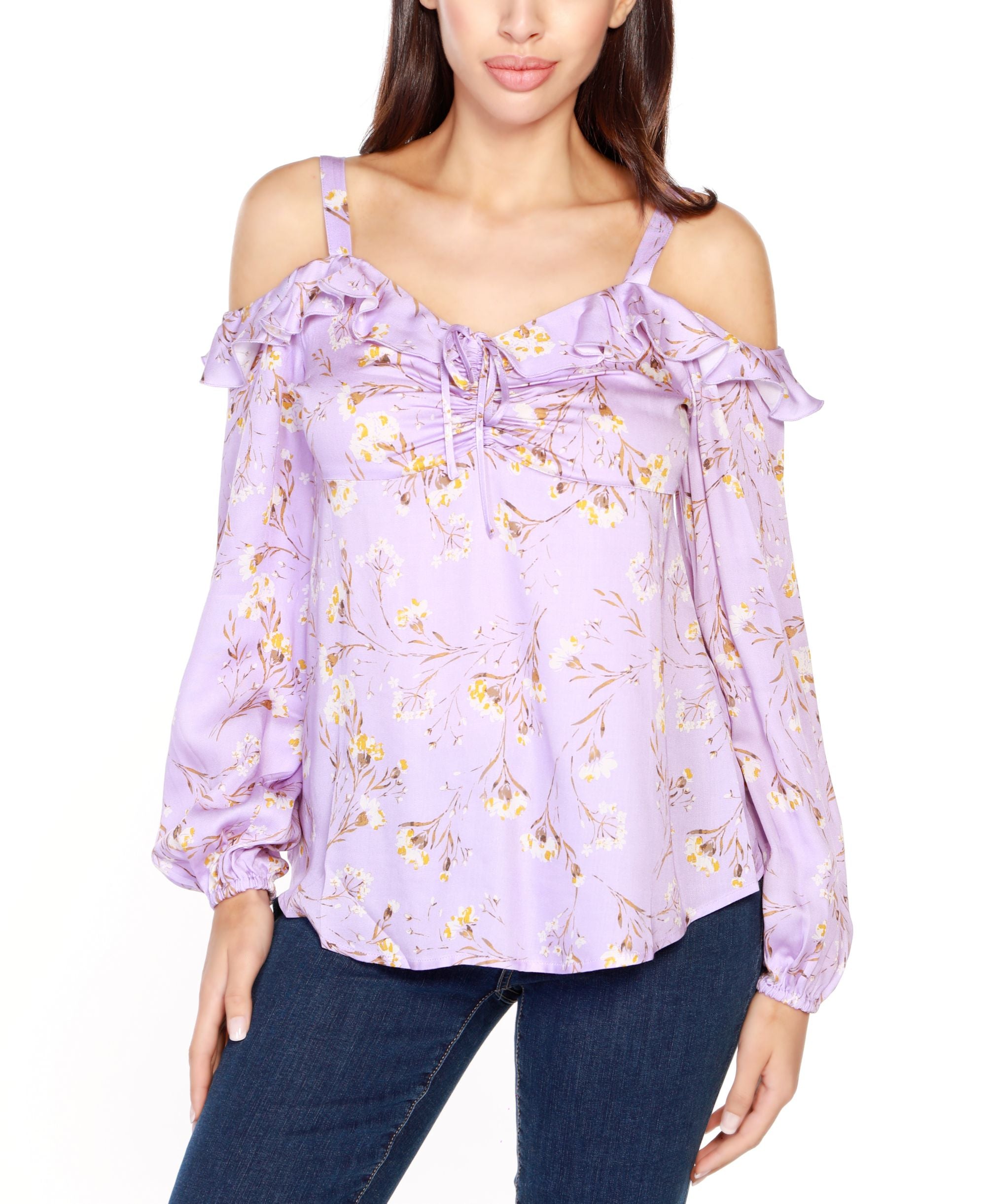 Belldini Black Label Petite Floral Ruffle Button-Front Blouse Top