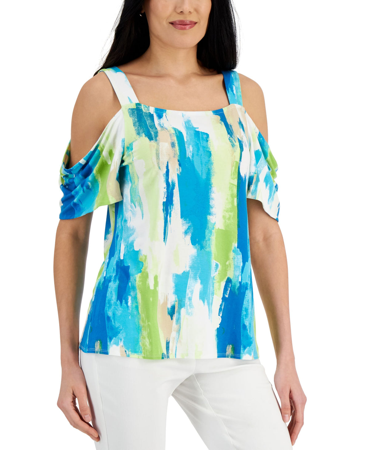 JM Collection Womens Printed Cold Shoulder Top