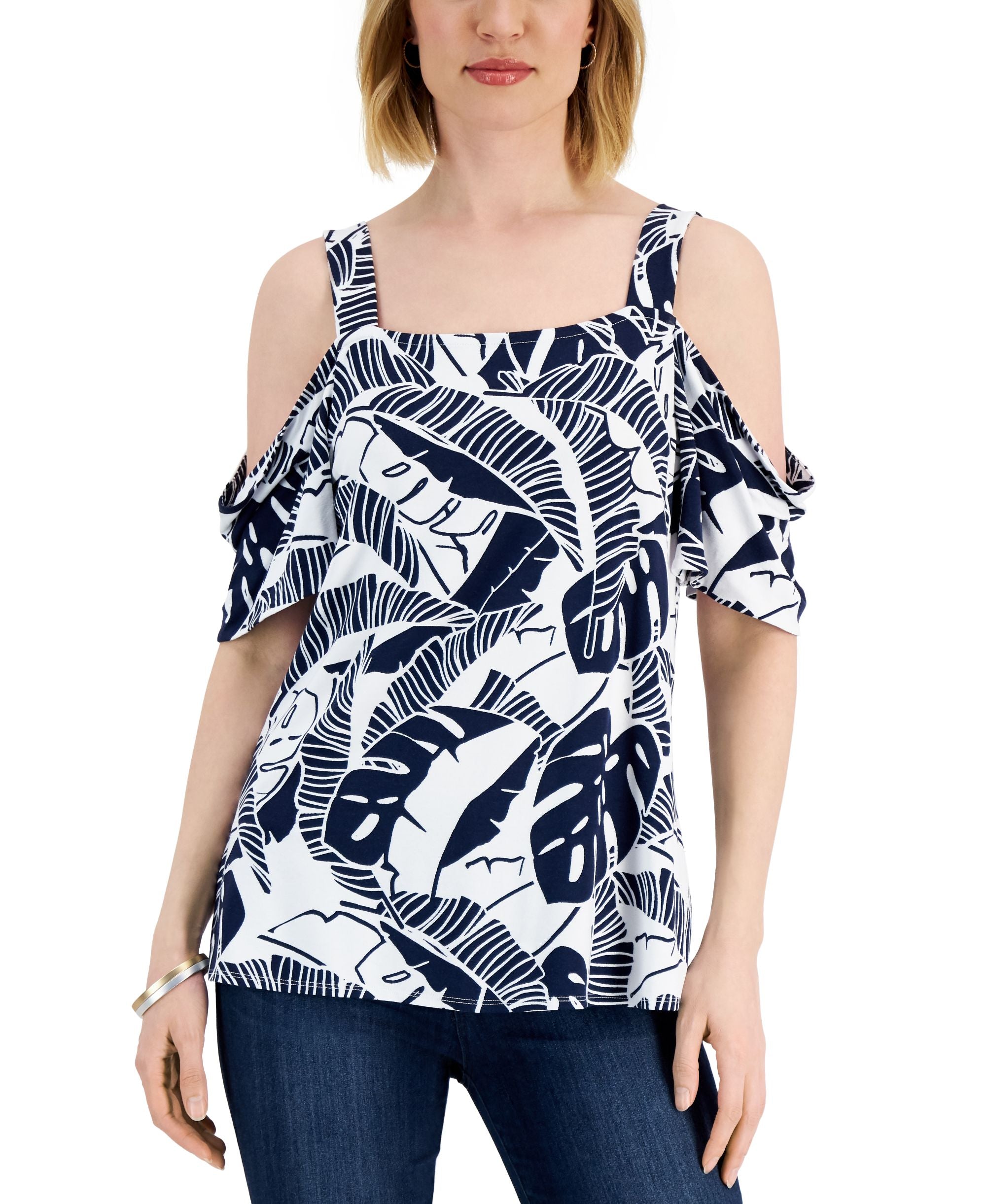 JM Collection Womens Palm Print Cold Shoulder Top