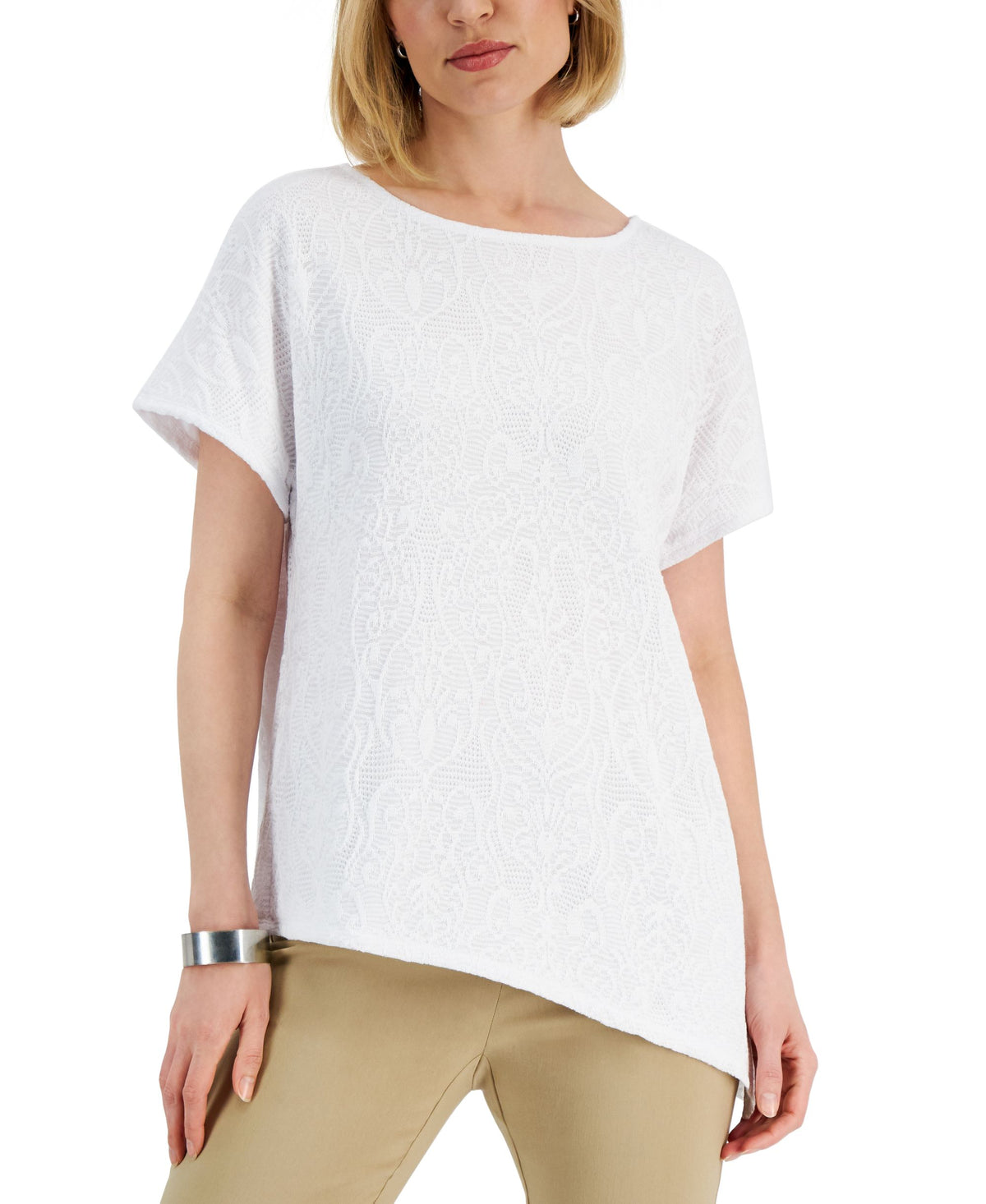 JM Collection Womens Crochet Asymmetrical Hem Top