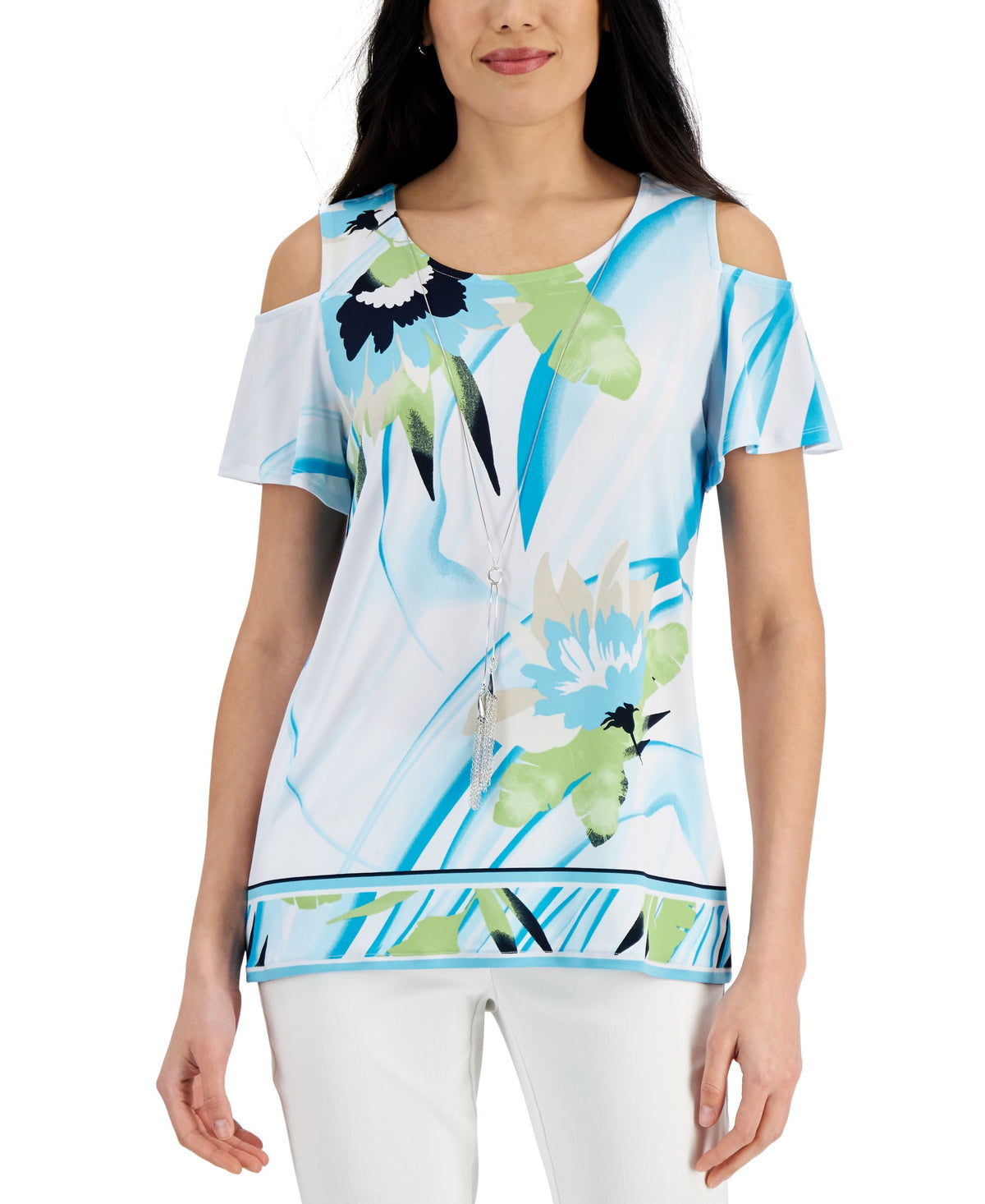 JM Collection Womens Printed Cold Shoulder Top