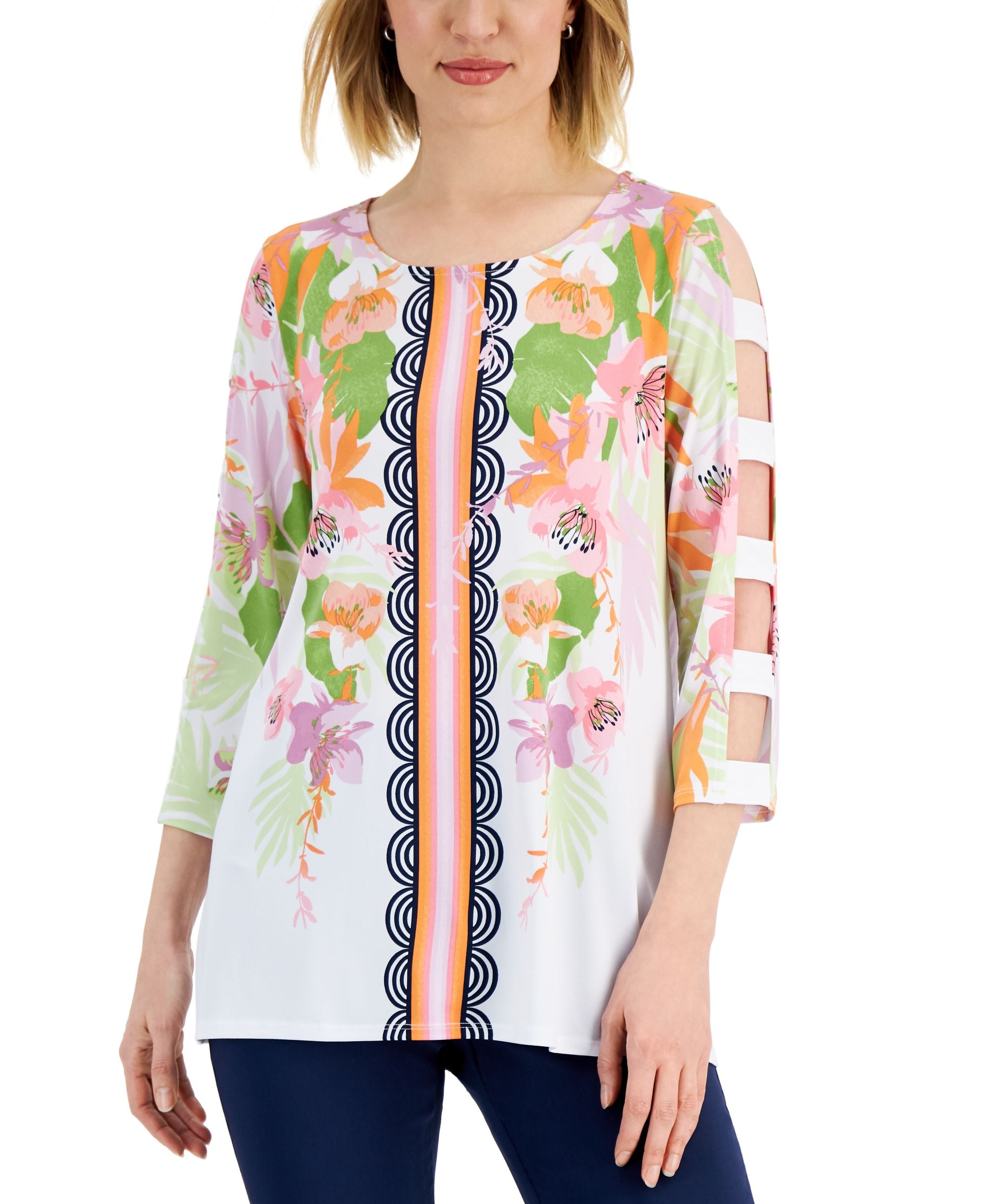 JM Collection Womens Printed Cutout-Sleeve Top