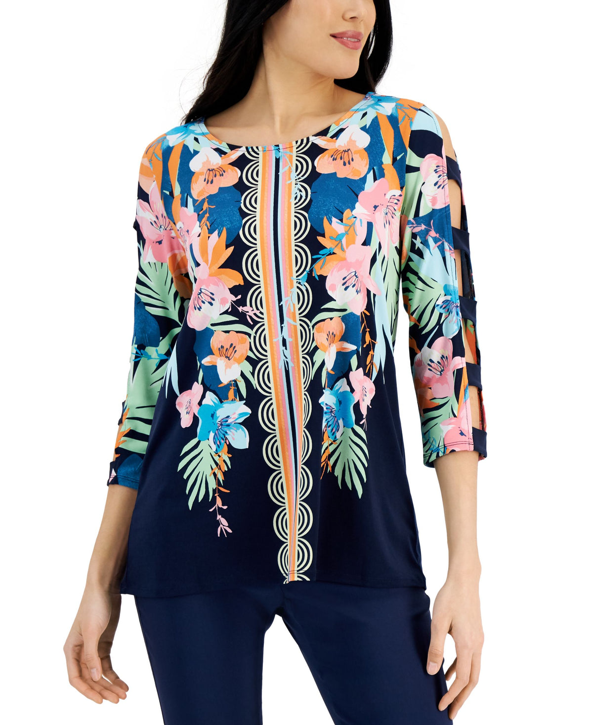 JM Collection Petite Ladder Sleeve Printed Tunic