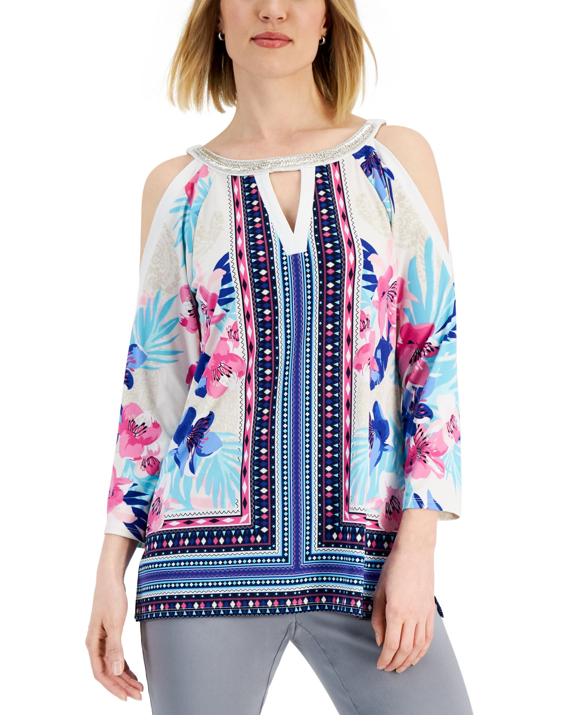 JM Collection Womens Mixed Print Cold Shoulder Top