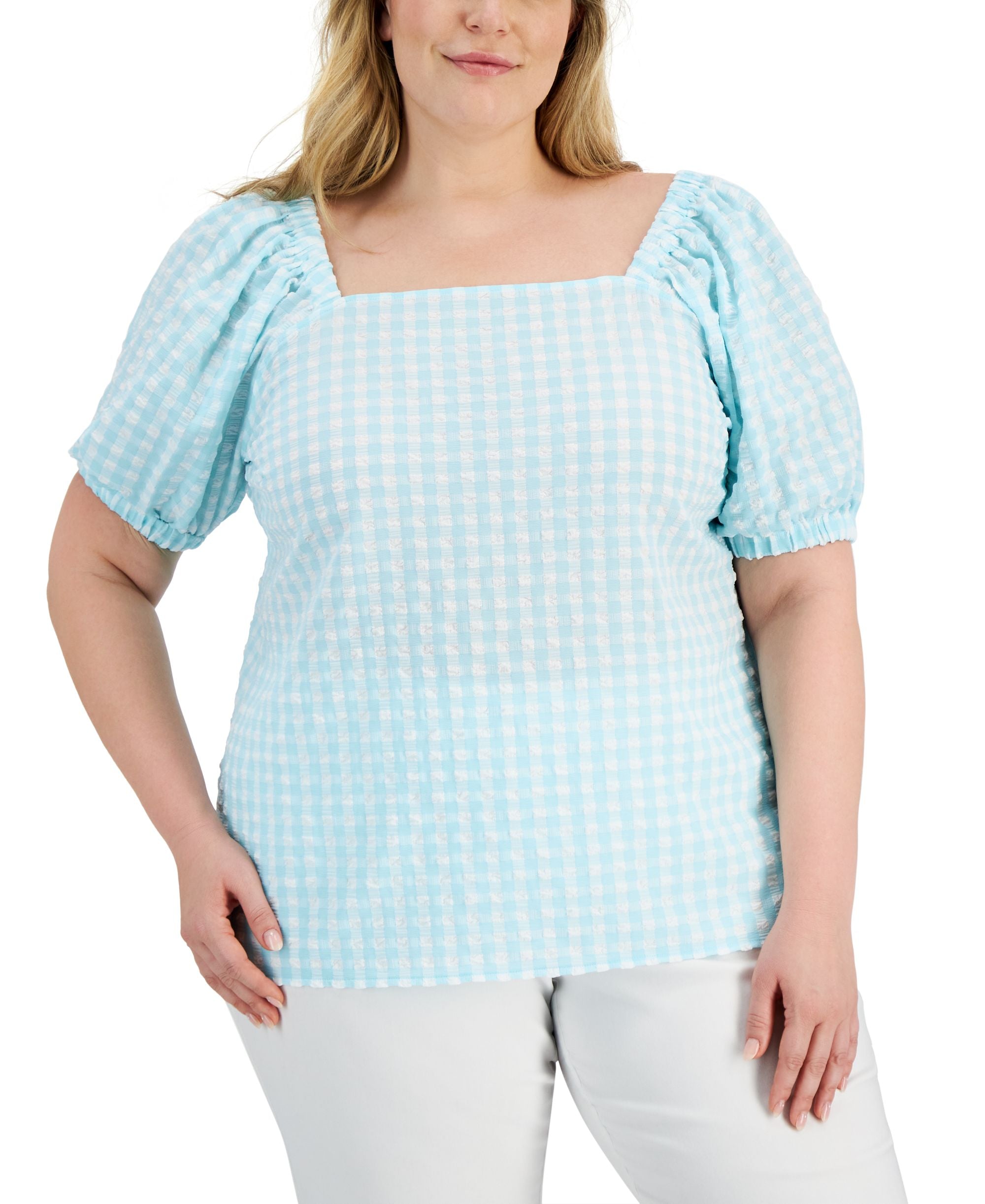 Anne Klein Plus Size Gingham Seersucker Puff Sleeve Top