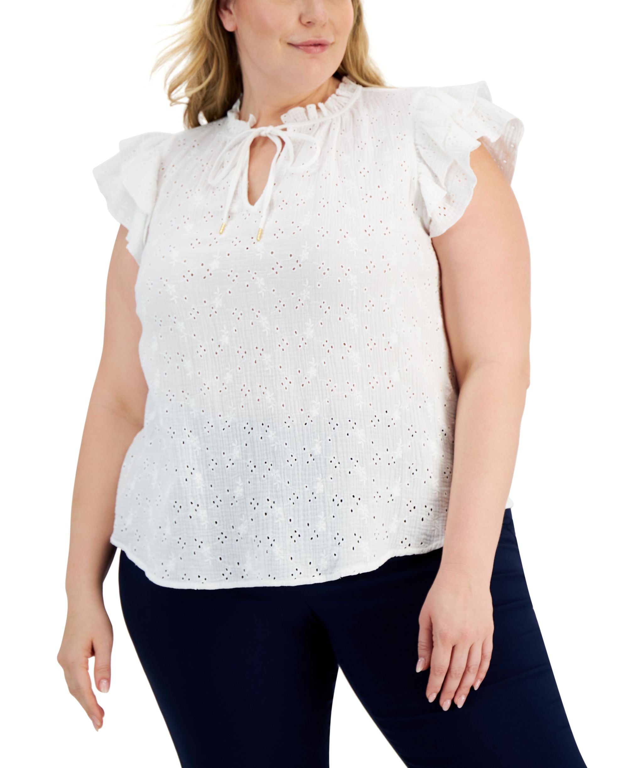 Anne Klein Plus Size Eyelet Flutter Sleeve Top