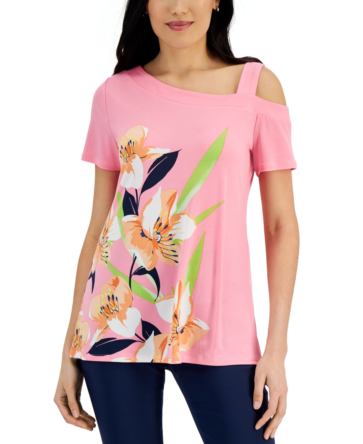 JM Collection Floral Cold Shoulder Top