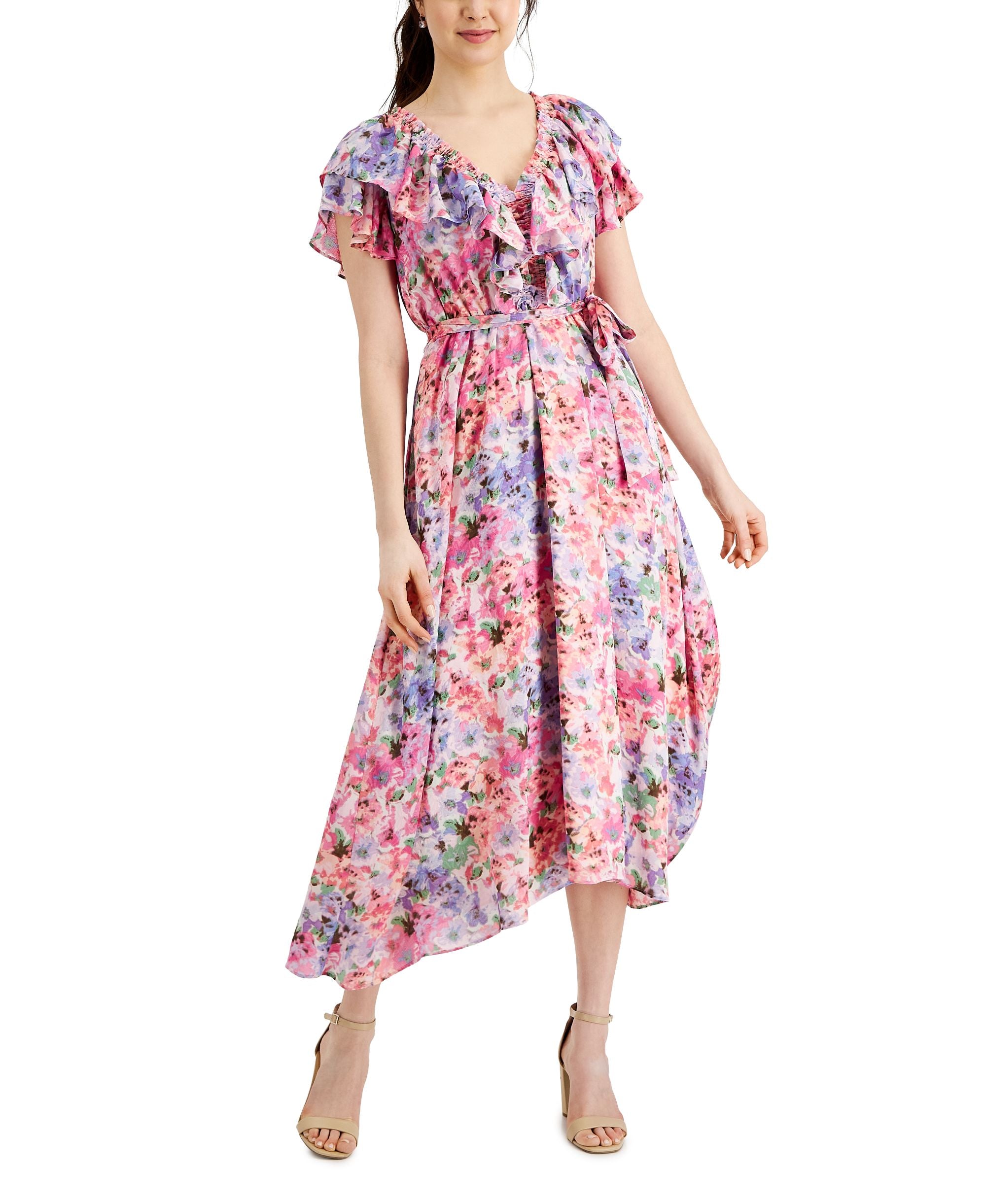 Taylor Ruffled Floral Print Chiffon A Line Dress