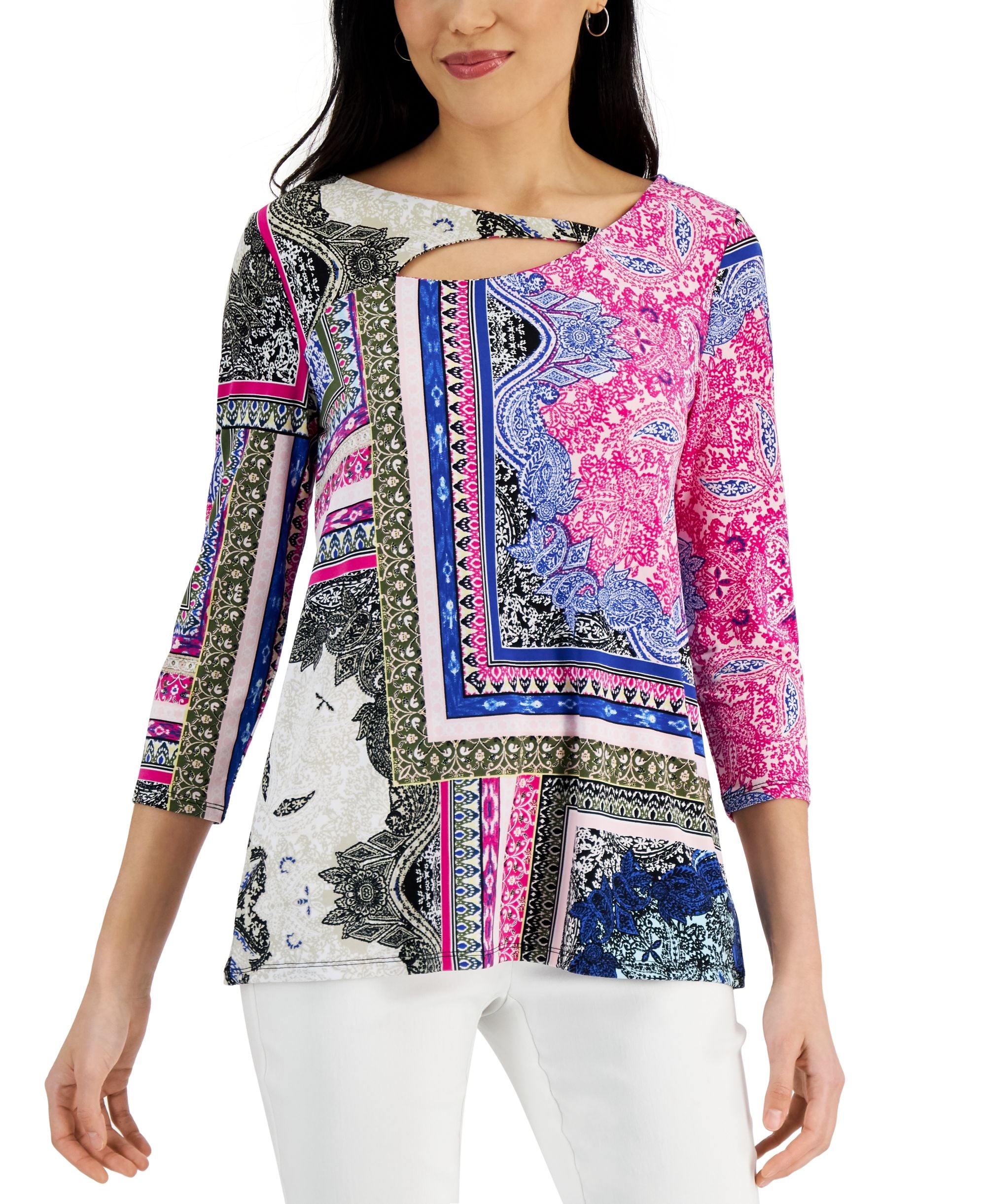JM Collection Womens Serafina Patchwork Print Top