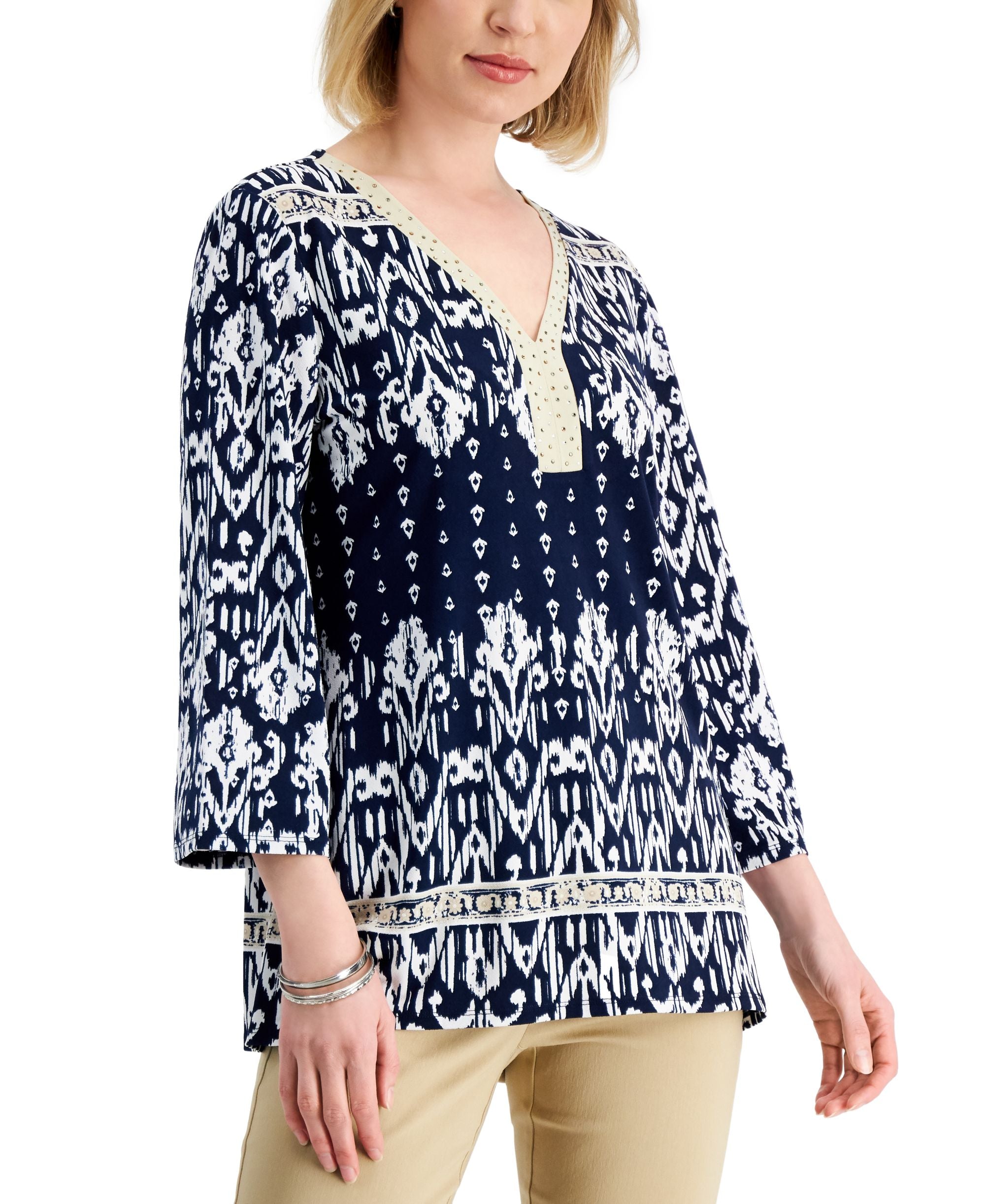 JM Collection Womens Embellished Ikat Top