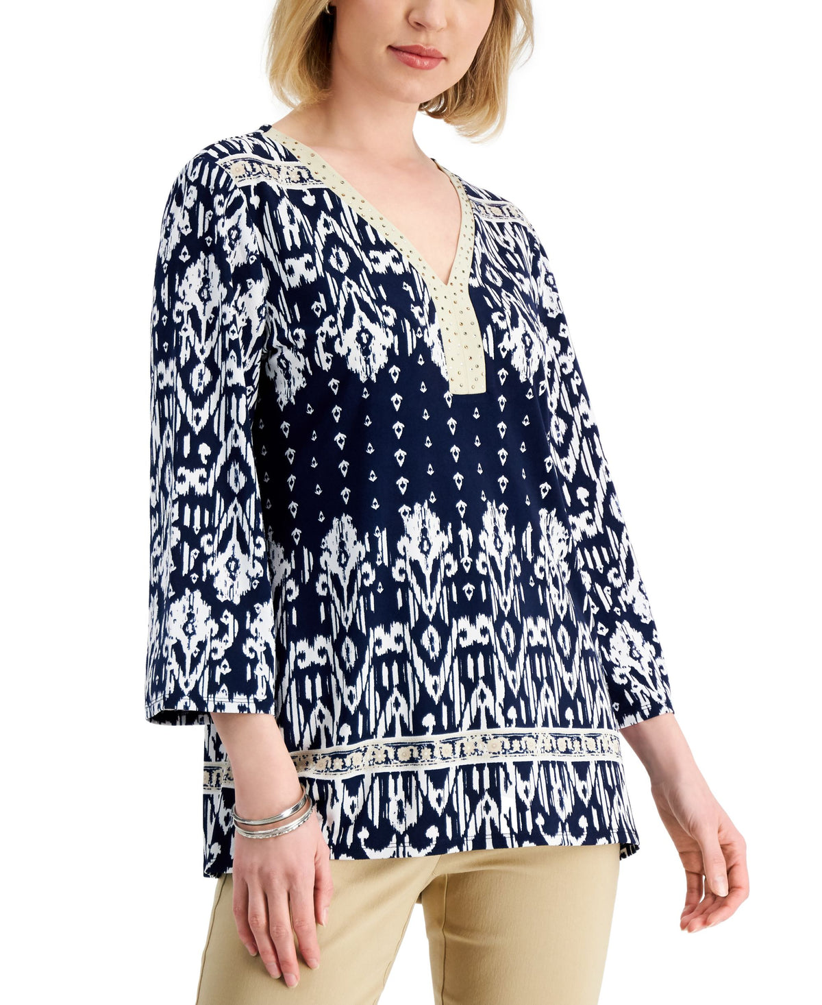 JM Collection Womens Embellished Ikat Top