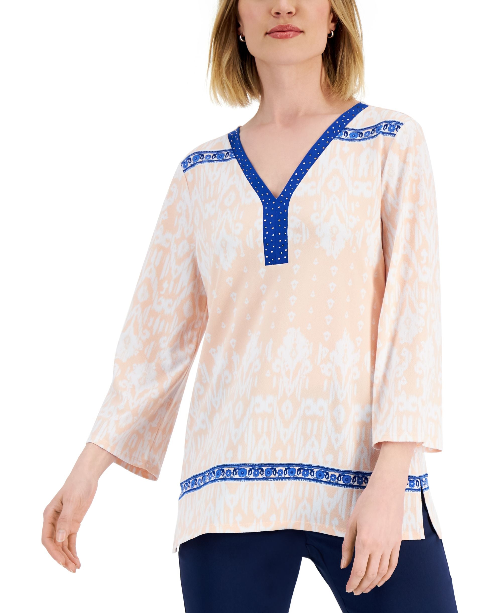 JM Collection Womens Embellished Ikat Top