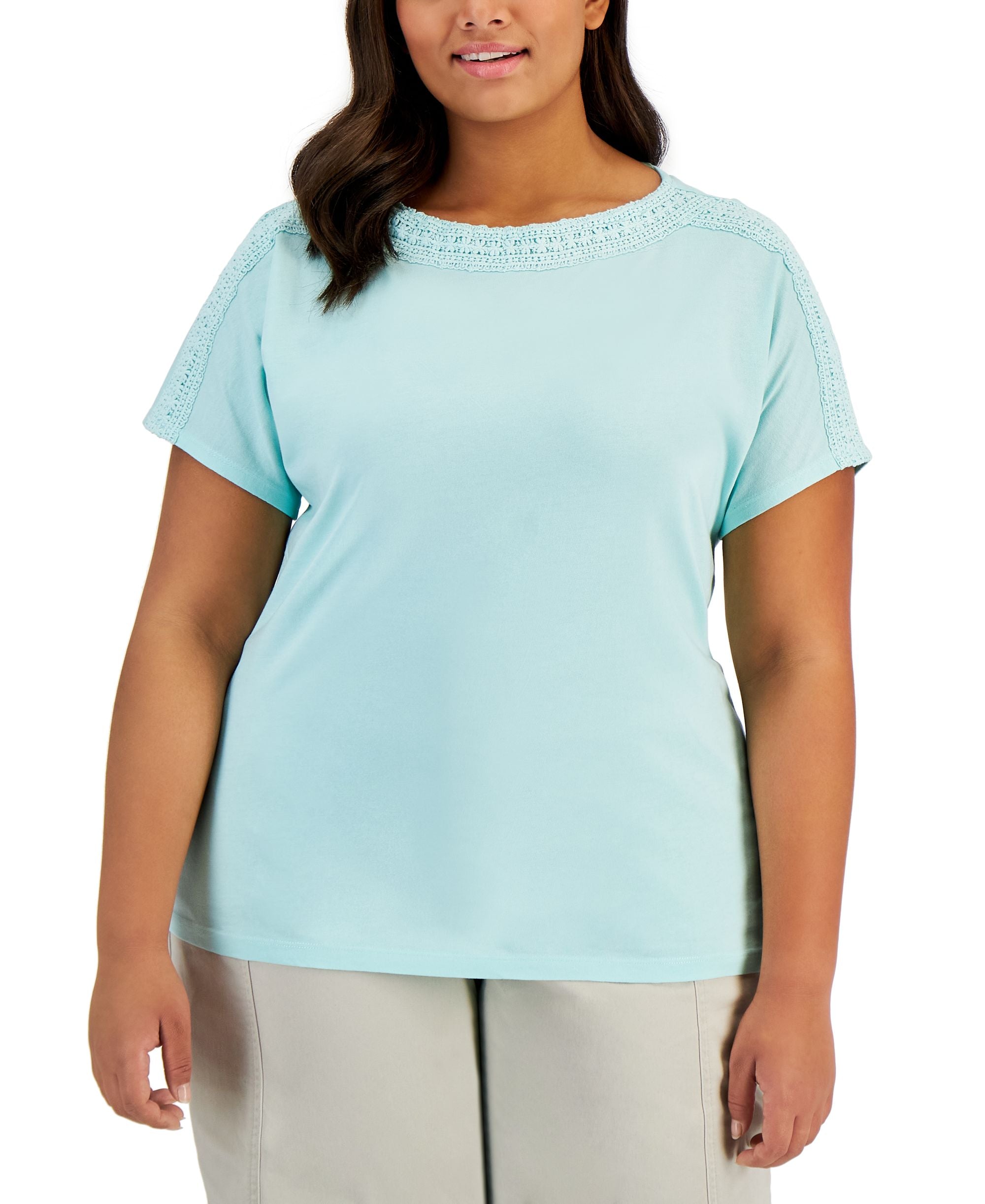 Karen Scott Plus Size Crochet Trim Top